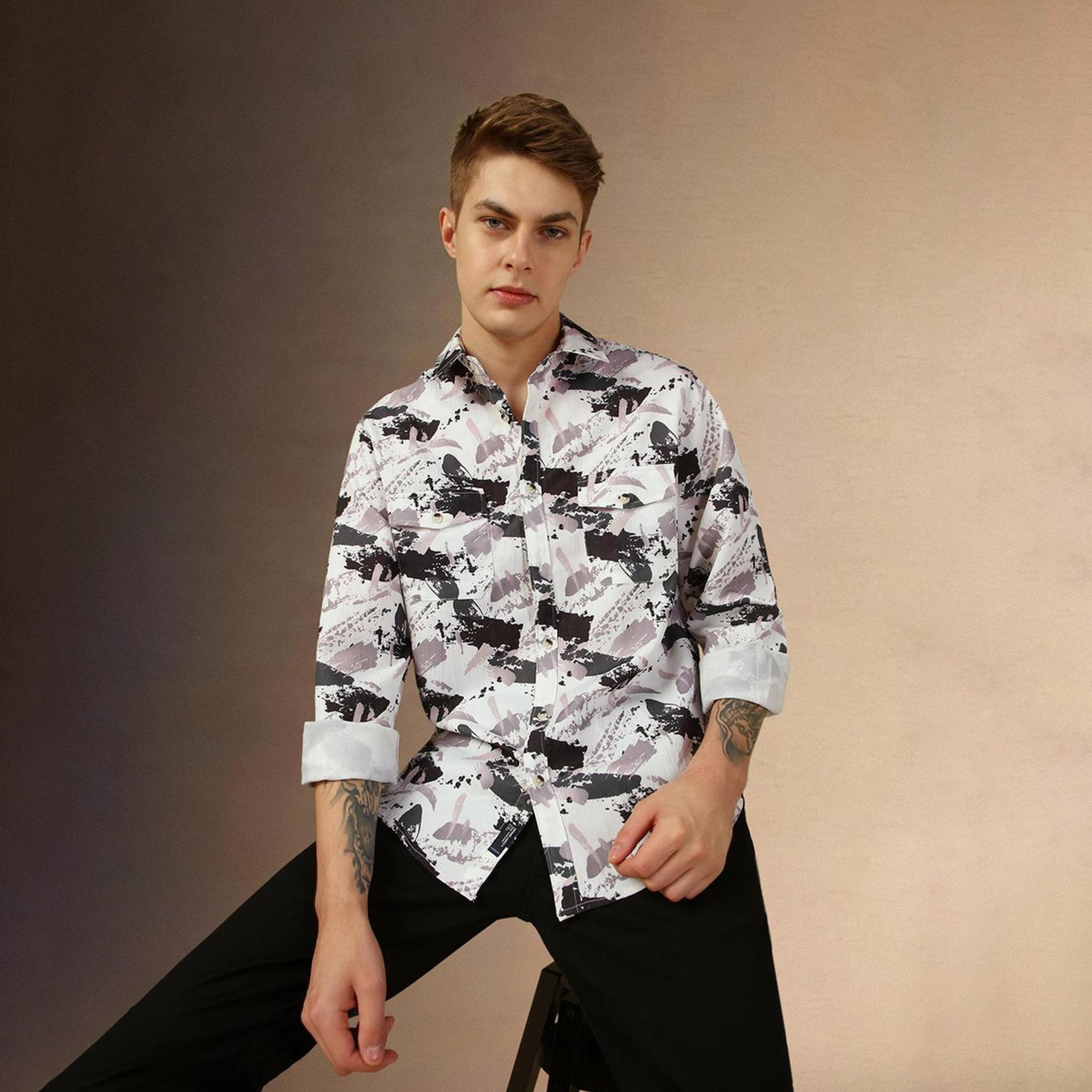 دينيس لينغو× ستايلي-  سترة غير رسمية قطن خالص ياقة واسعة ومطبوعة-men-clothing-shirts-image-2