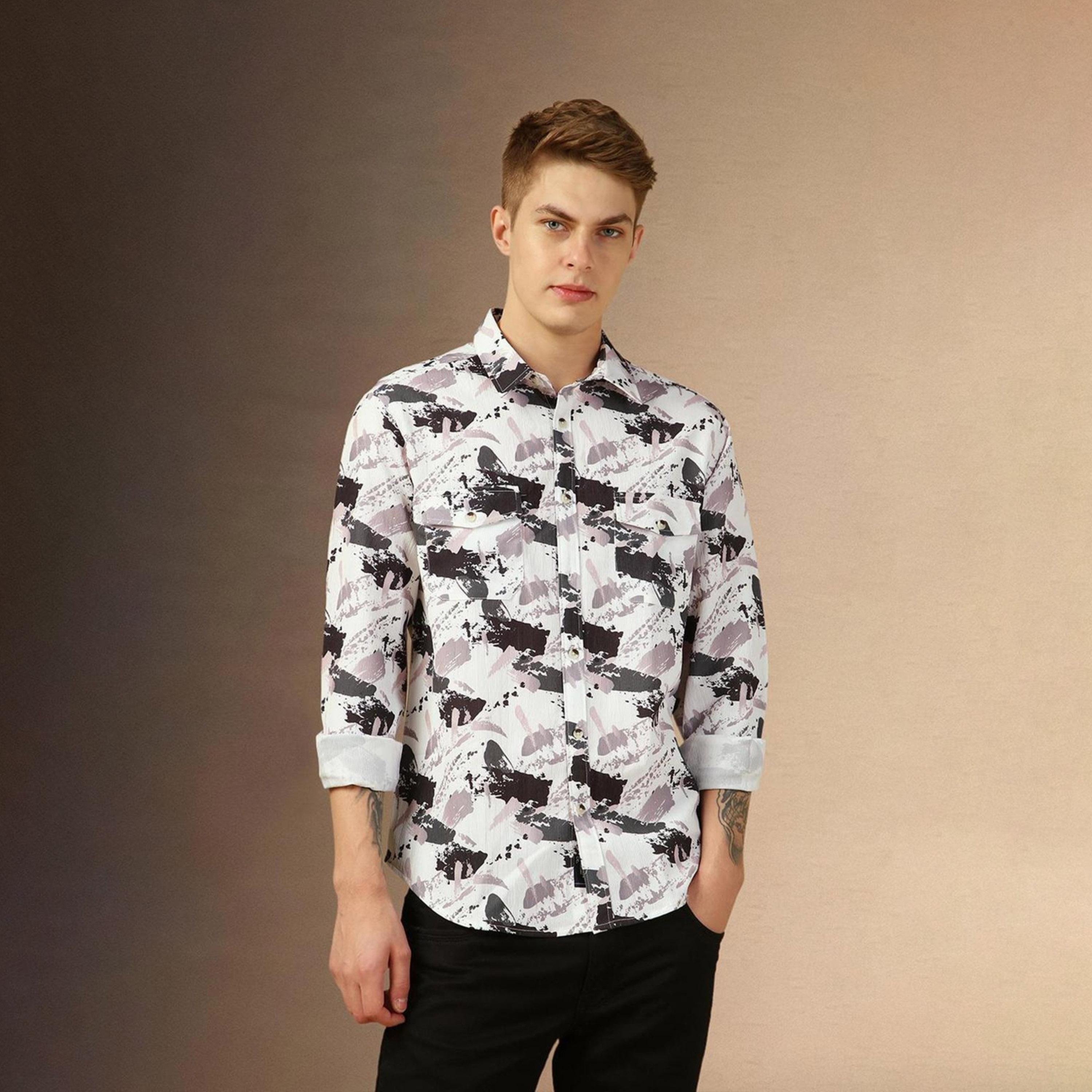 دينيس لينغو× ستايلي-  سترة غير رسمية قطن خالص ياقة واسعة ومطبوعة-men-clothing-shirts-image-4