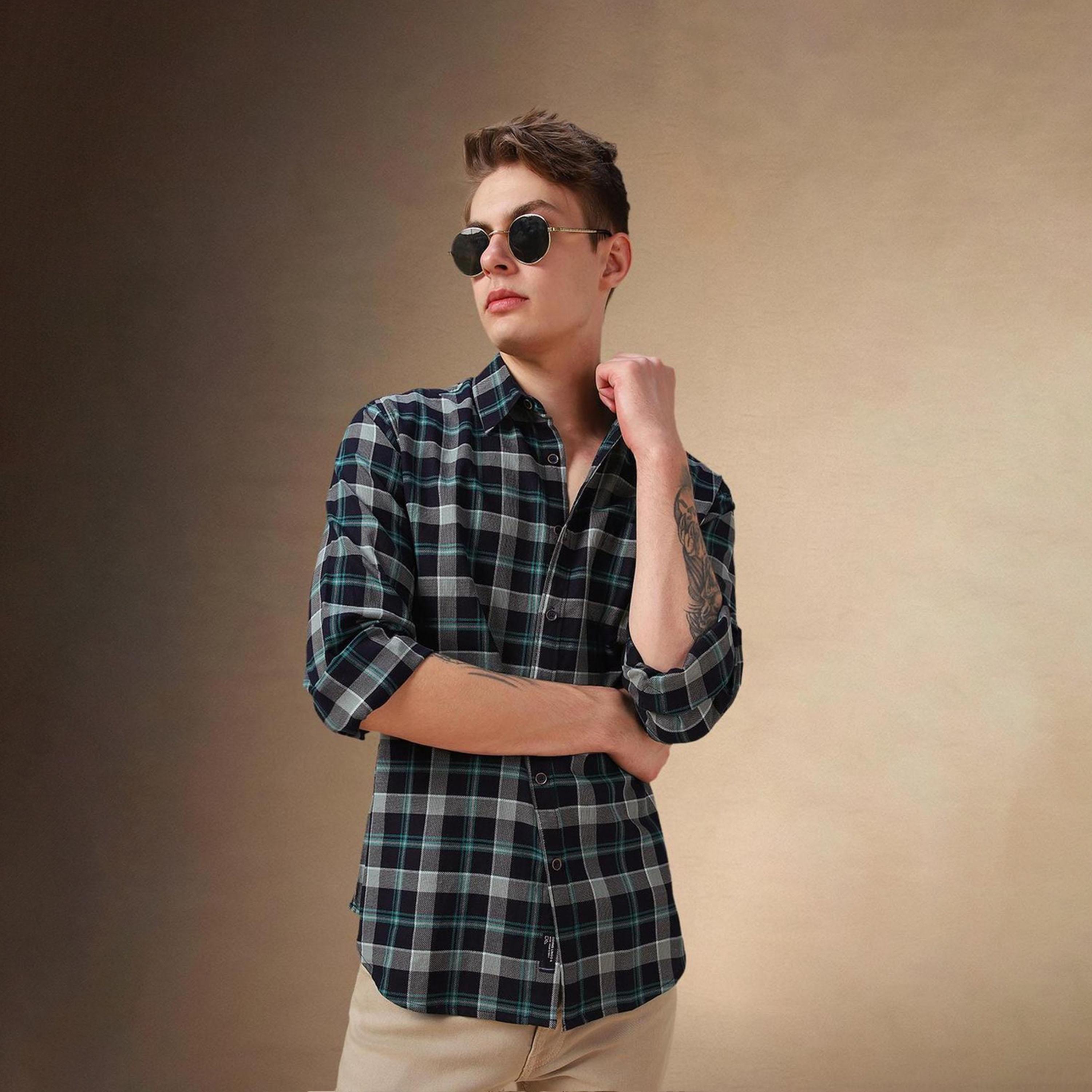 دينيس لينغو× ستايلي-  قميص كاجوال للرجال ياقة واسعة قماش ترتان قطن قصة مريحة-men-clothing-shirts-image-1