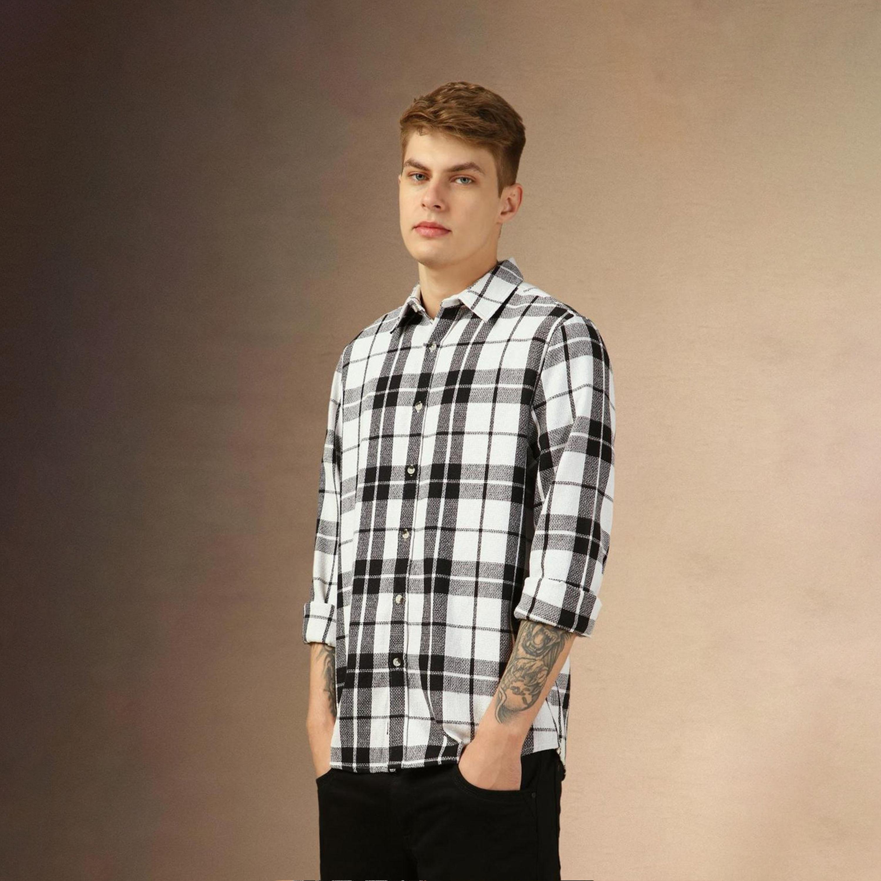 دينيس لينغو× ستايلي-  قميص كاجوال من القطن الخالص قصة مريحة ومربعات ترتان وياقة واسعة-men-clothing-shirts-image-1