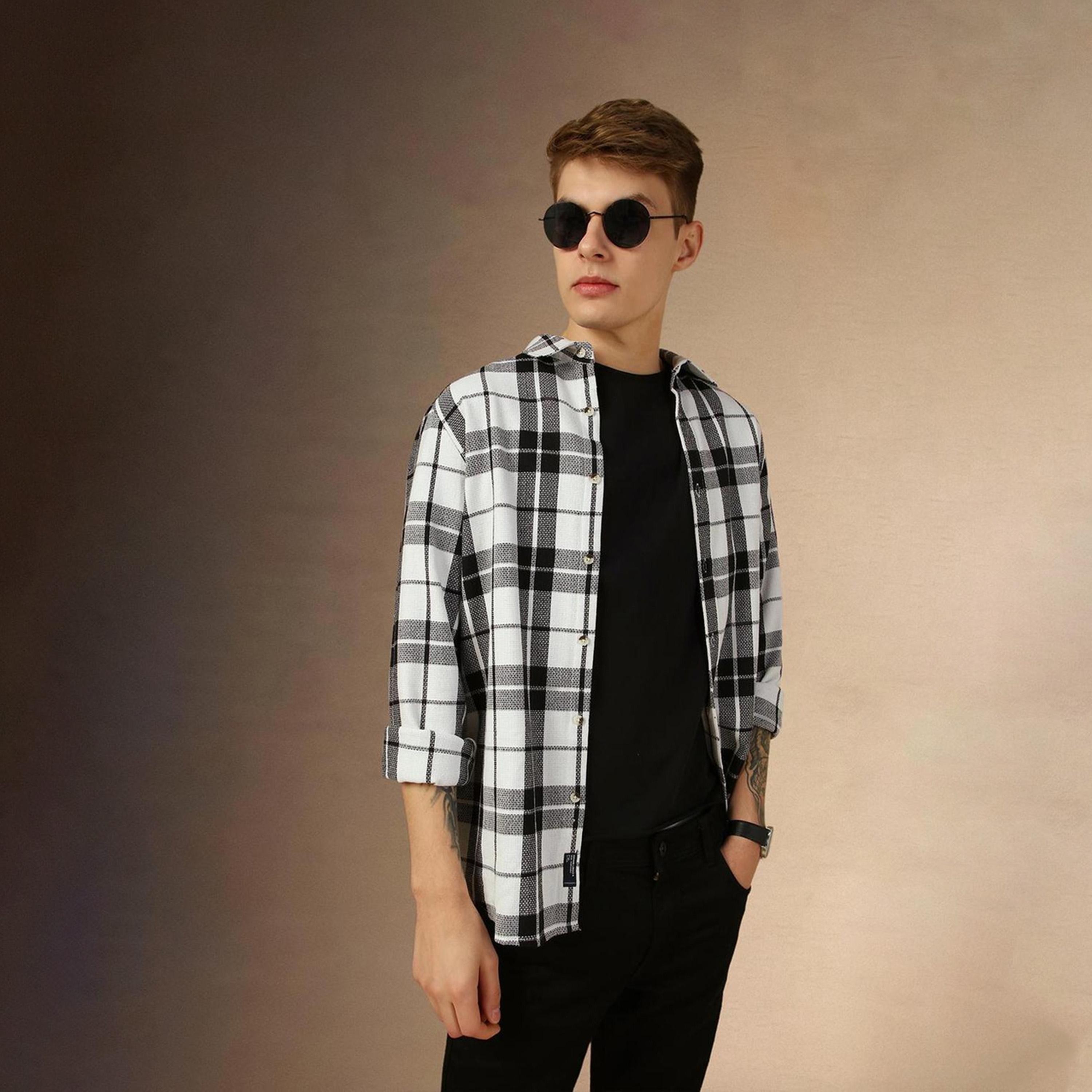 دينيس لينغو× ستايلي-  قميص كاجوال من القطن الخالص قصة مريحة ومربعات ترتان وياقة واسعة-men-clothing-shirts-image-3
