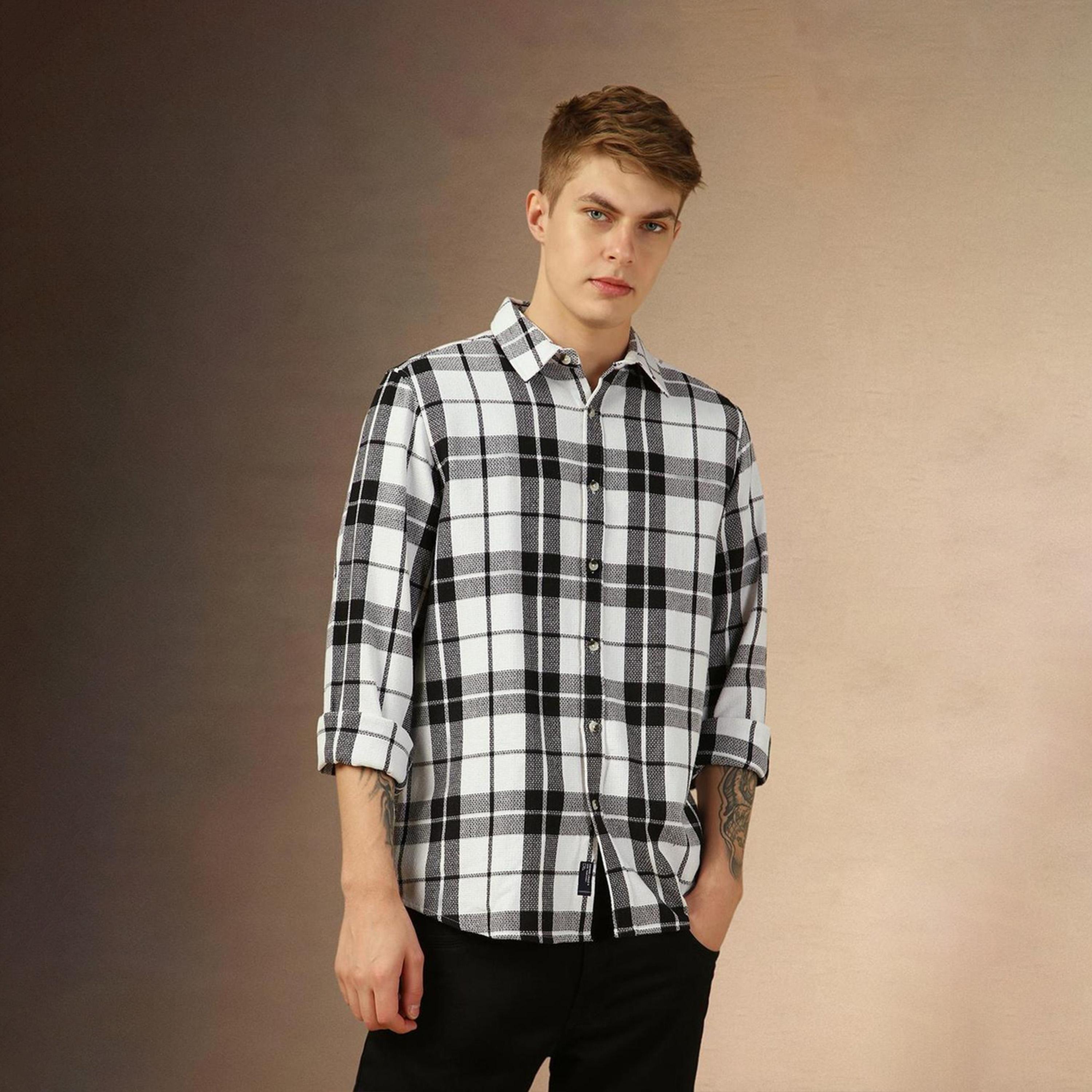 دينيس لينغو× ستايلي-  قميص كاجوال من القطن الخالص قصة مريحة ومربعات ترتان وياقة واسعة-men-clothing-shirts-image-5