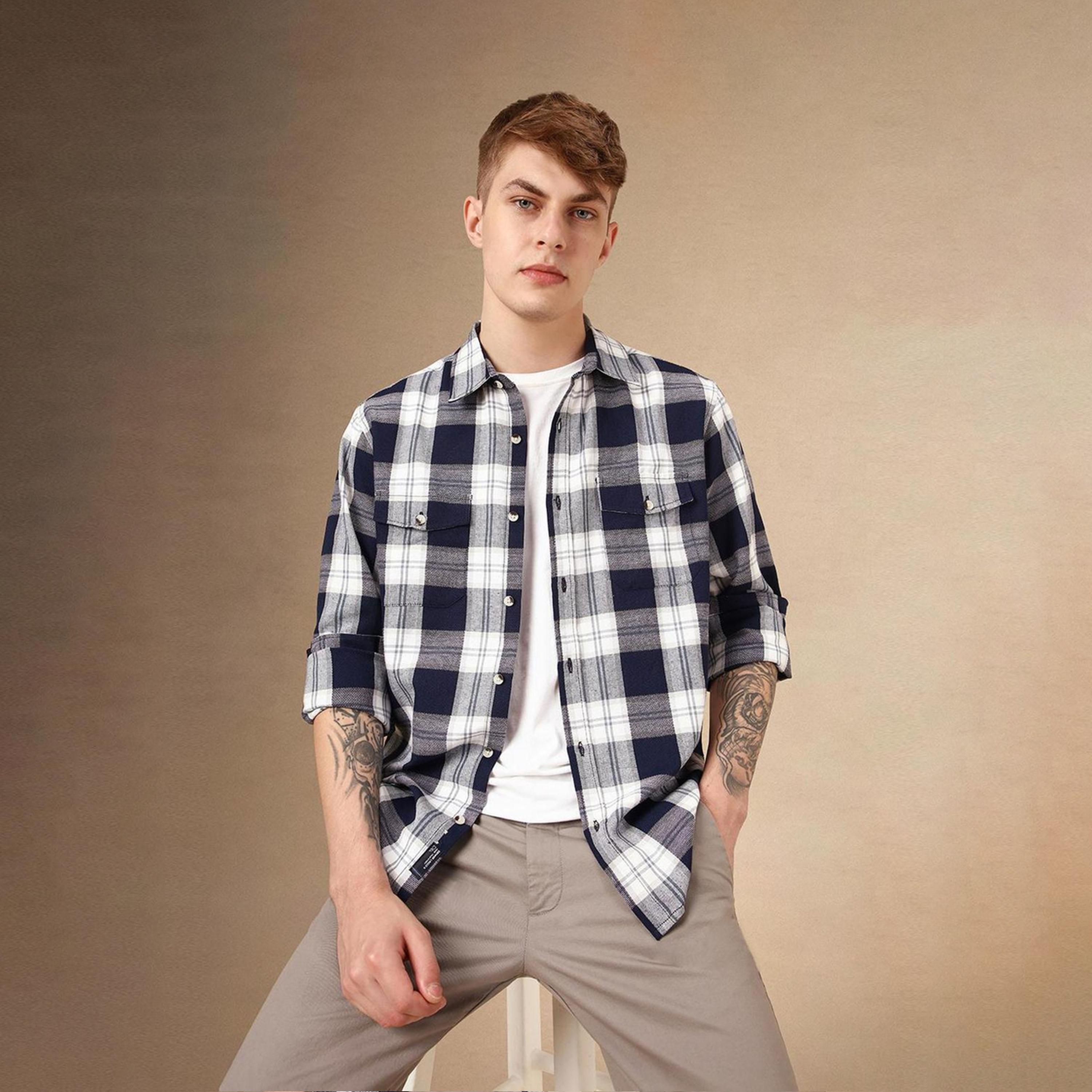 دينيس لينغو× ستايلي-  قميص كاجوال للرجال ياقة واسعة قماش ترتان قطن ذو مقاس مريح-men-clothing-shirts-image-1