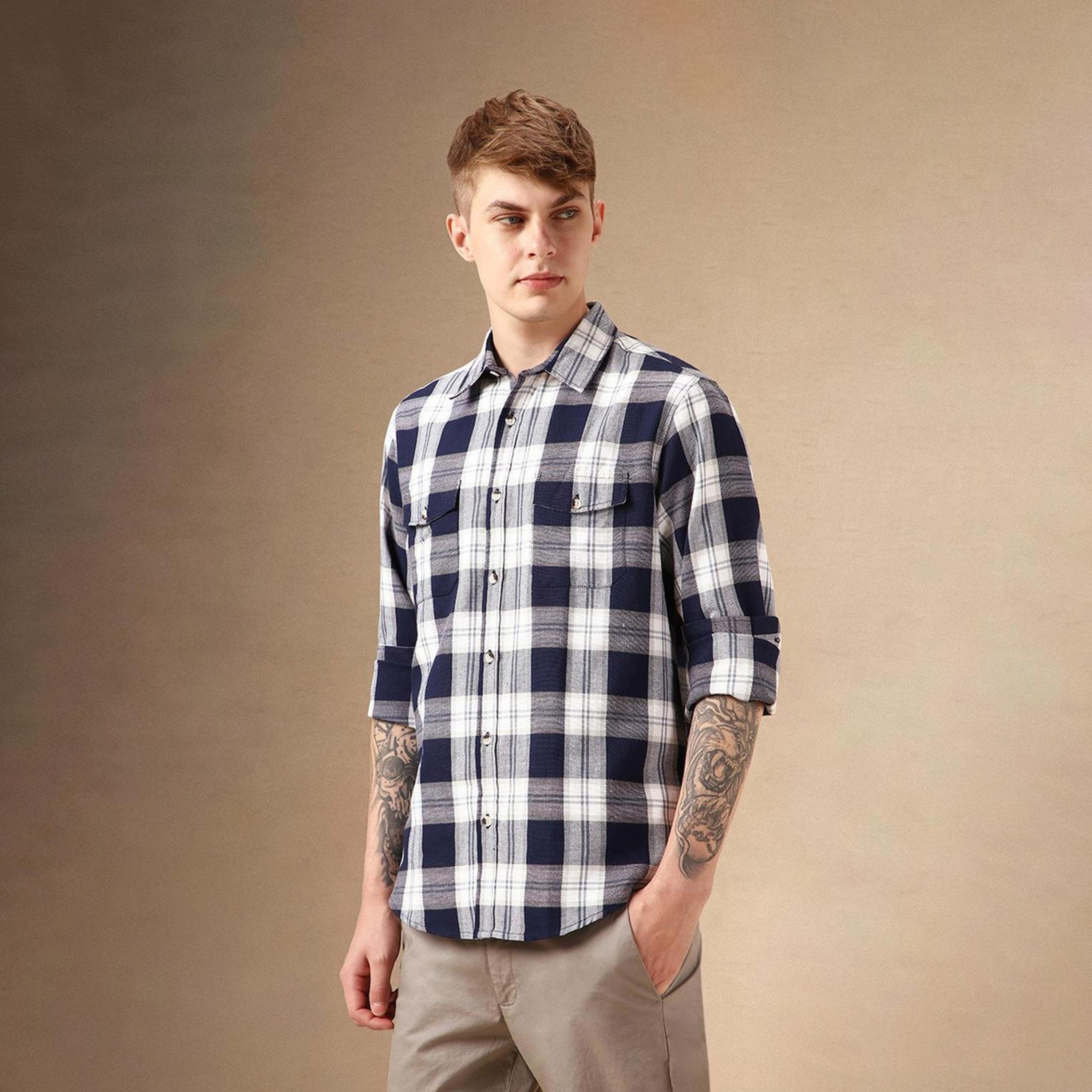 دينيس لينغو× ستايلي-  قميص كاجوال للرجال ياقة واسعة قماش ترتان قطن ذو مقاس مريح-men-clothing-shirts-image-2