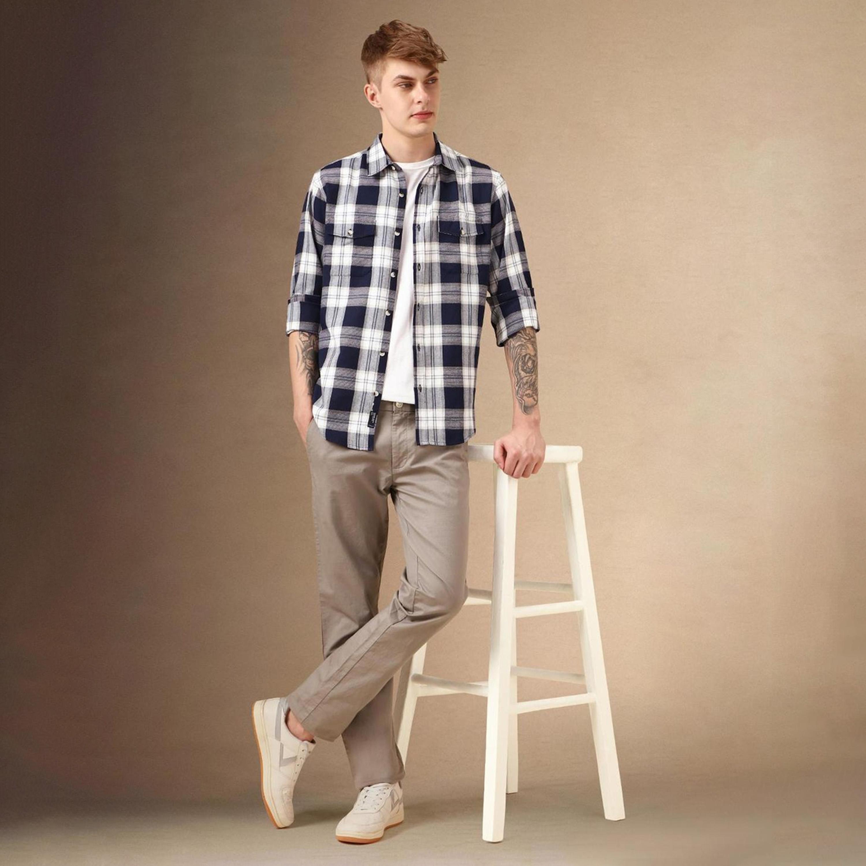 دينيس لينغو× ستايلي-  قميص كاجوال للرجال ياقة واسعة قماش ترتان قطن ذو مقاس مريح-men-clothing-shirts-image-6