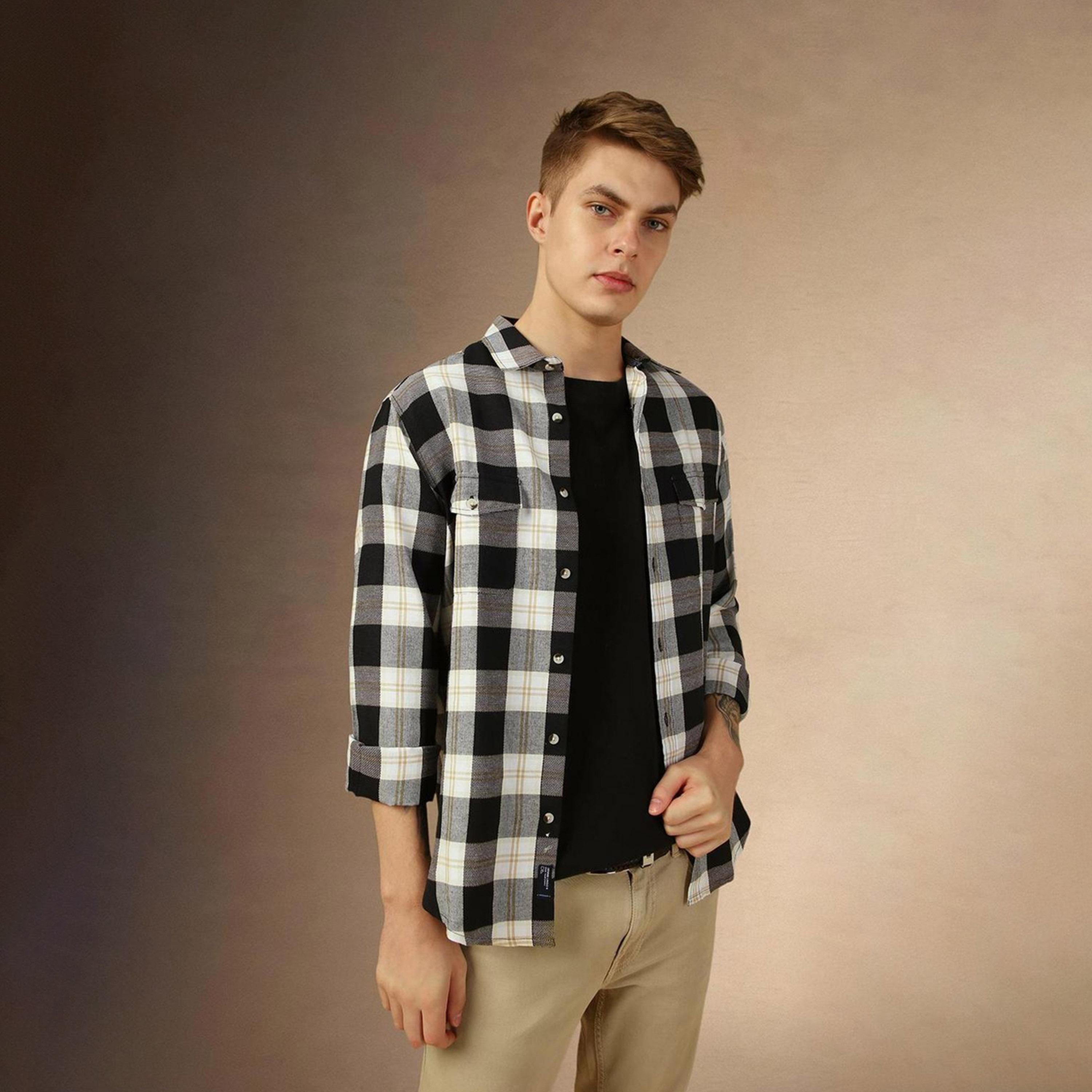 Dennis Lingo X Styli Black Relaxed Fit Buffalo Checks Checked Spread Collar Pure Cotton Casual Shirt-men-clothing-shirts-image-2