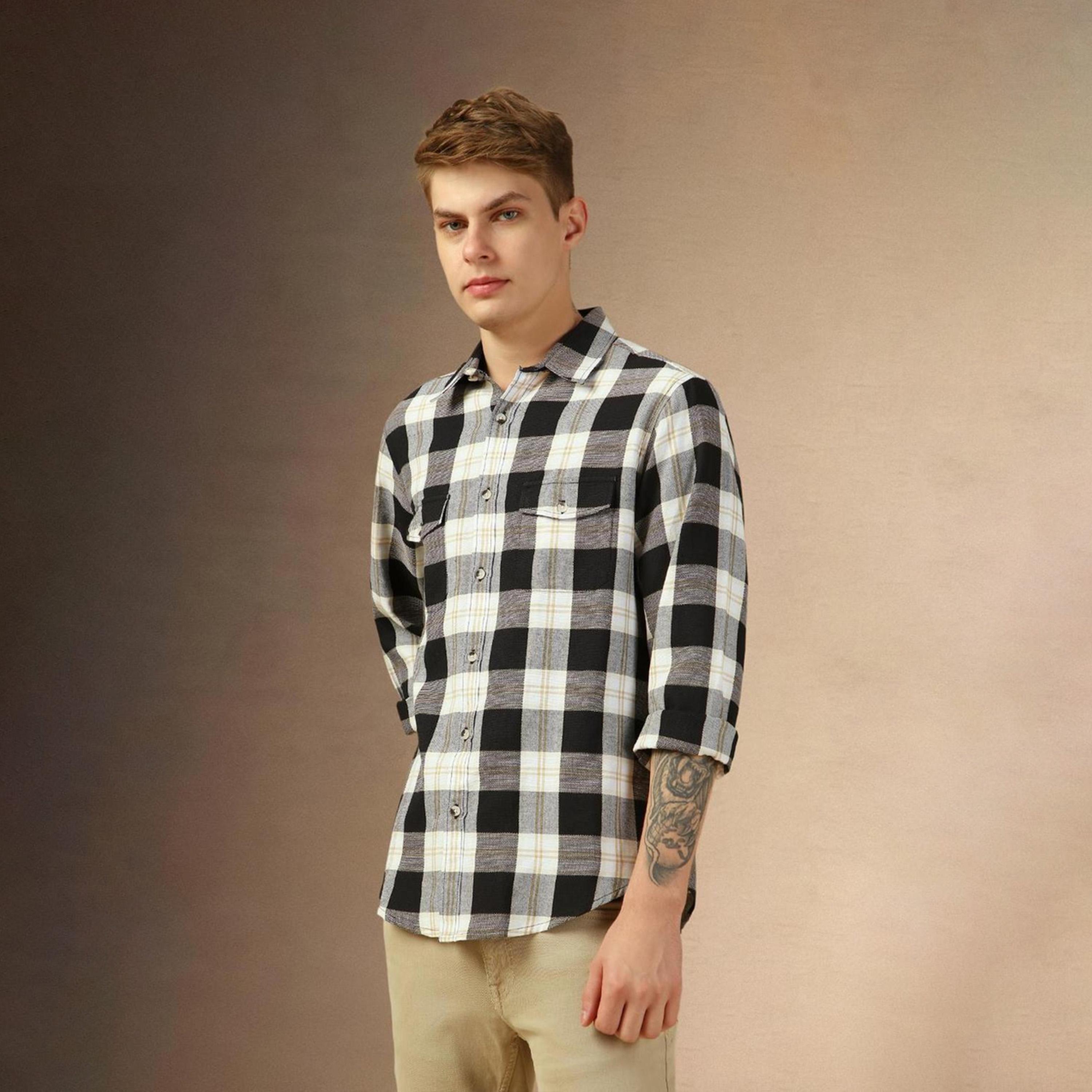 Dennis Lingo X Styli Black Relaxed Fit Buffalo Checks Checked Spread Collar Pure Cotton Casual Shirt-men-clothing-shirts-image-5