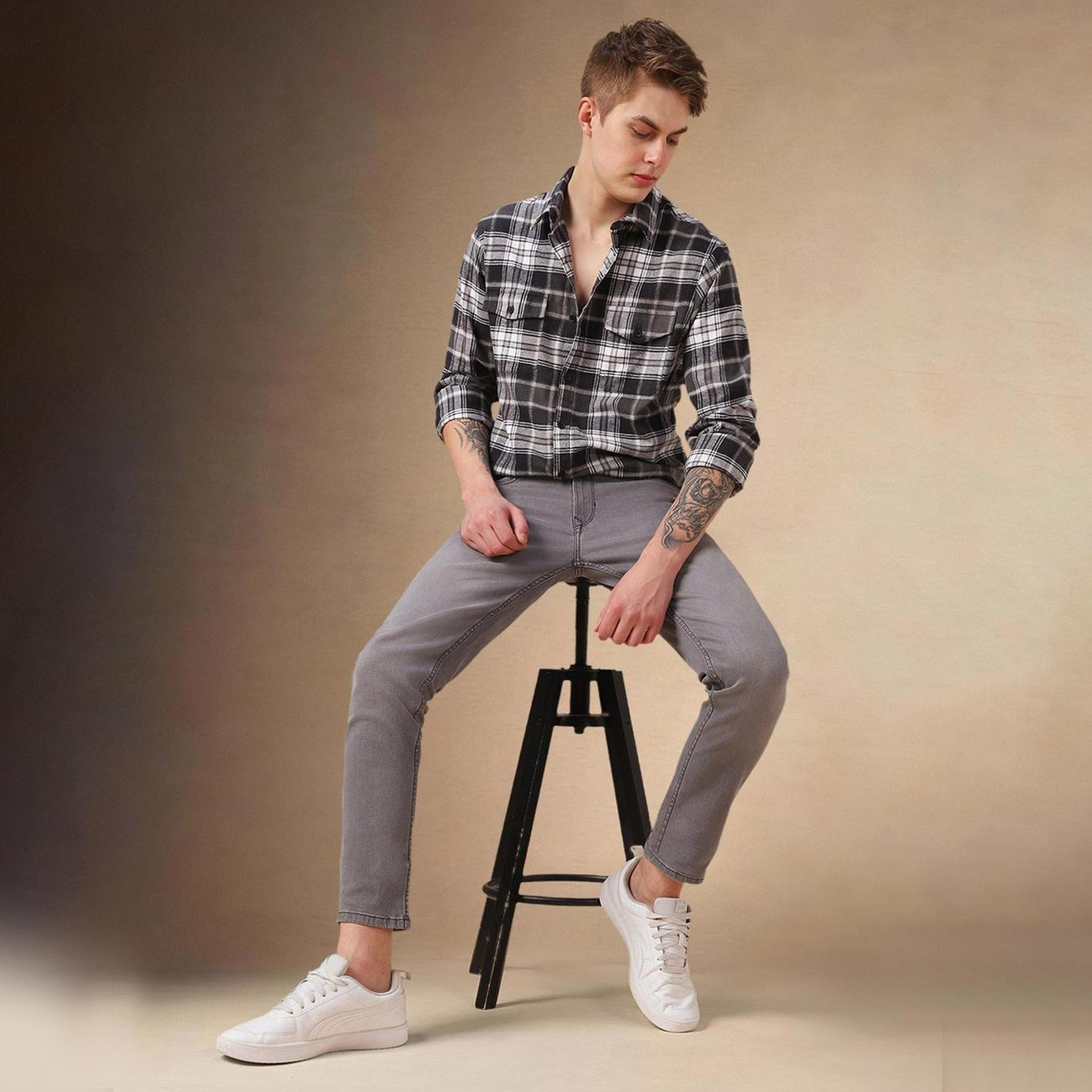 Dennis Lingo X Styli Black Spread Collar Tartan Checked Cotton Relaxed Fit Casual Shirt-men-clothing-shirts-image-2