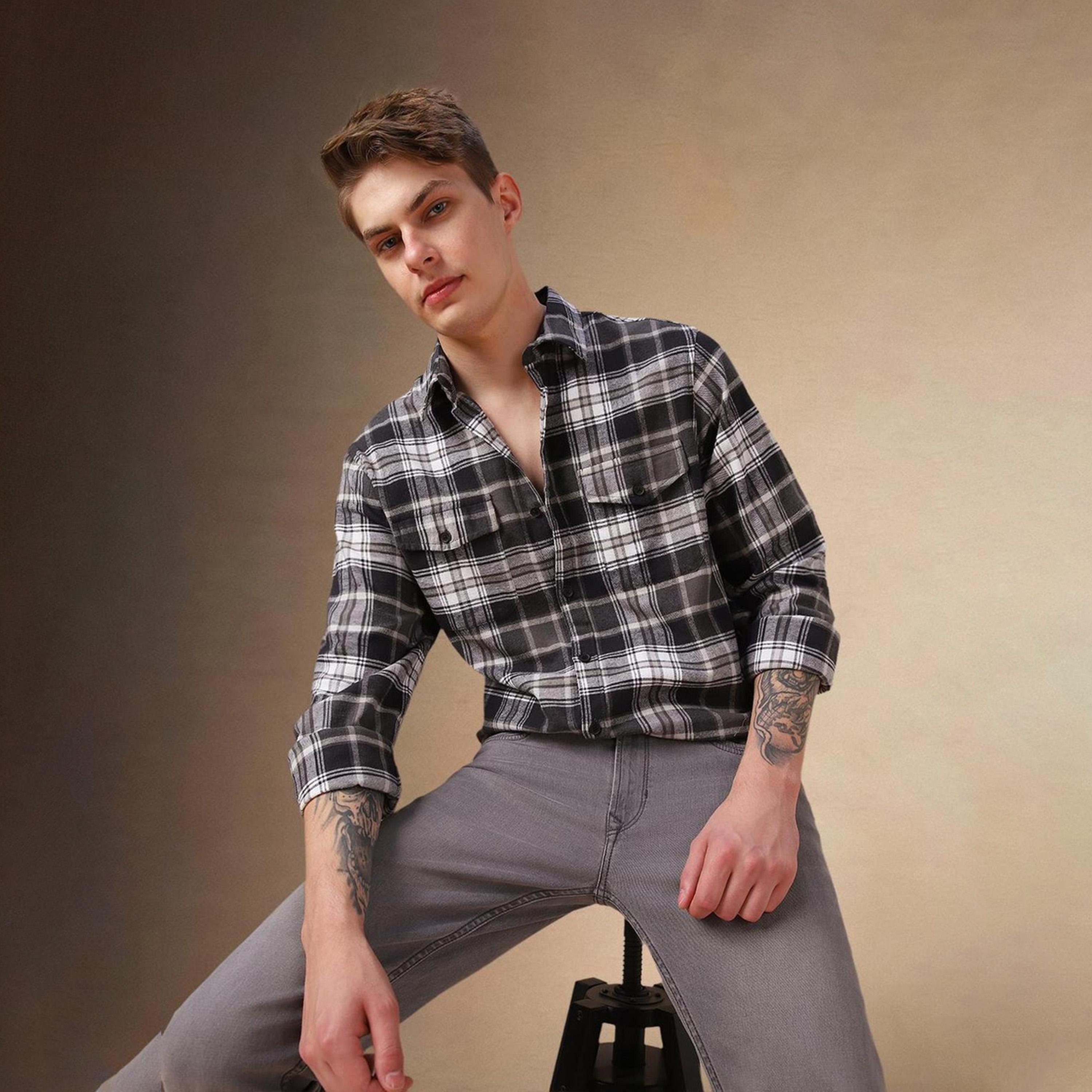 Dennis Lingo X Styli Black Spread Collar Tartan Checked Cotton Relaxed Fit Casual Shirt-men-clothing-shirts-image-3
