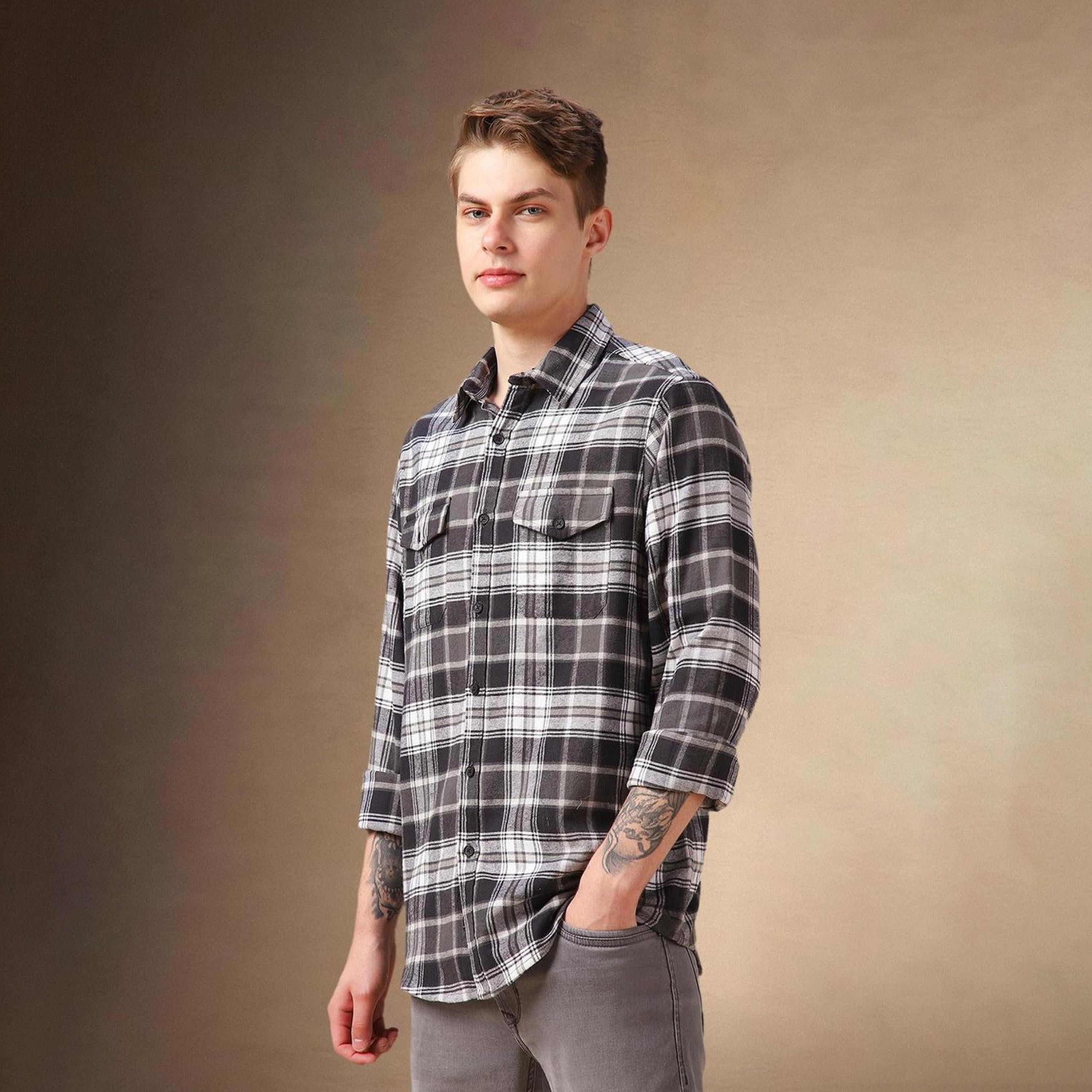 Dennis Lingo X Styli Black Spread Collar Tartan Checked Cotton Relaxed Fit Casual Shirt-men-clothing-shirts-image-5