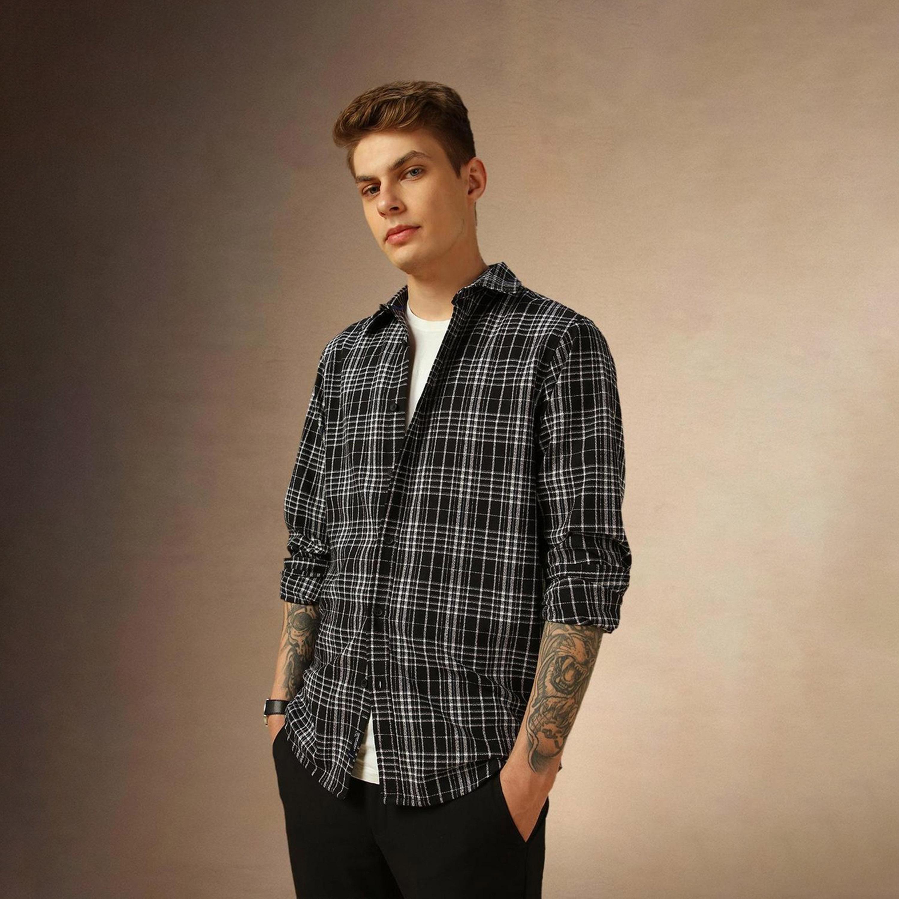 Dennis Lingo X Styli Black Comfort Spread Collar Tartan Checked Cotton Casual Shirt-men-clothing-shirts-image-2