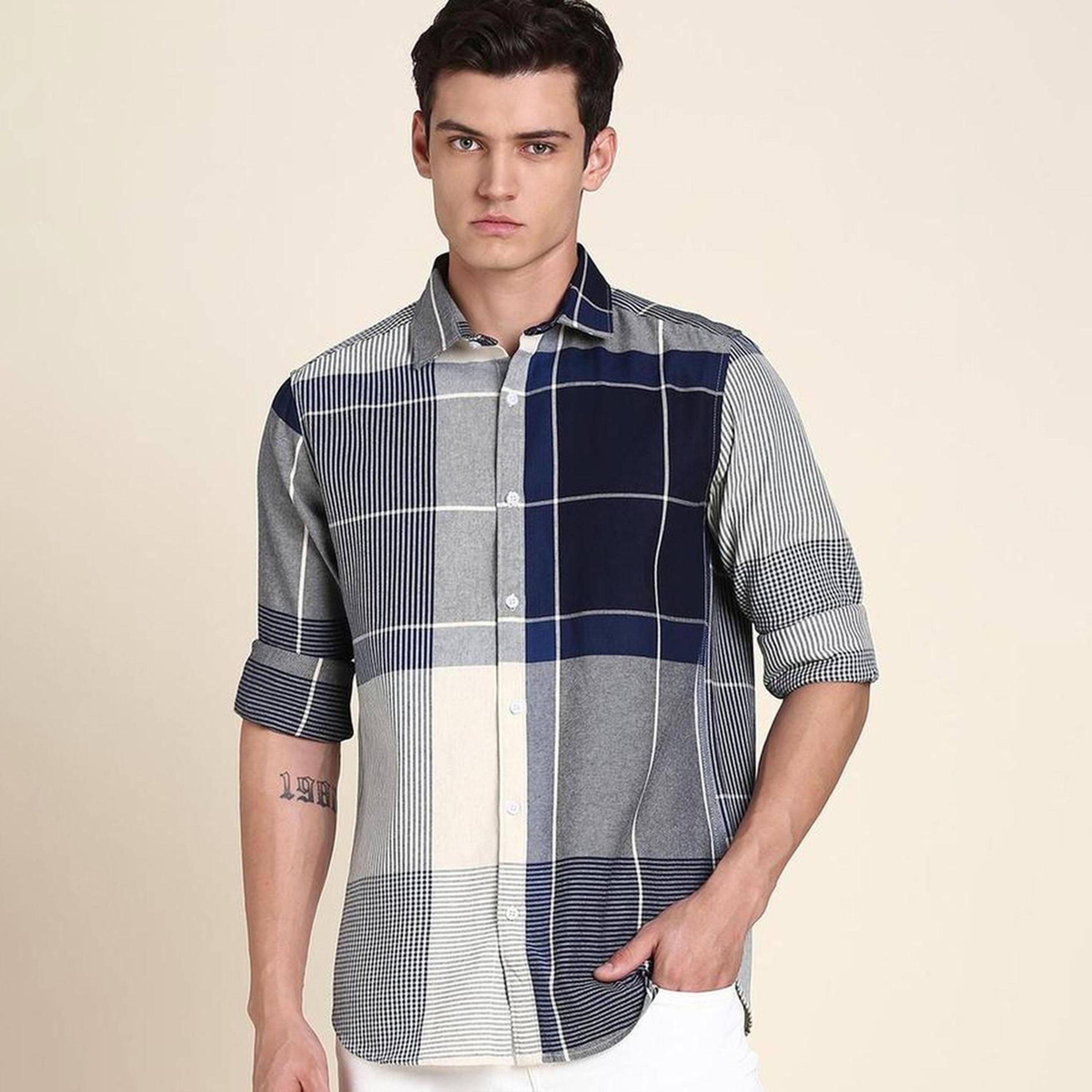 دينيس لينغو× ستايلي-  قميص كاجوال قطن خالص بقصة ضيقة ومربعات هندية زرقاء اللون-men-clothing-shirts-image-1