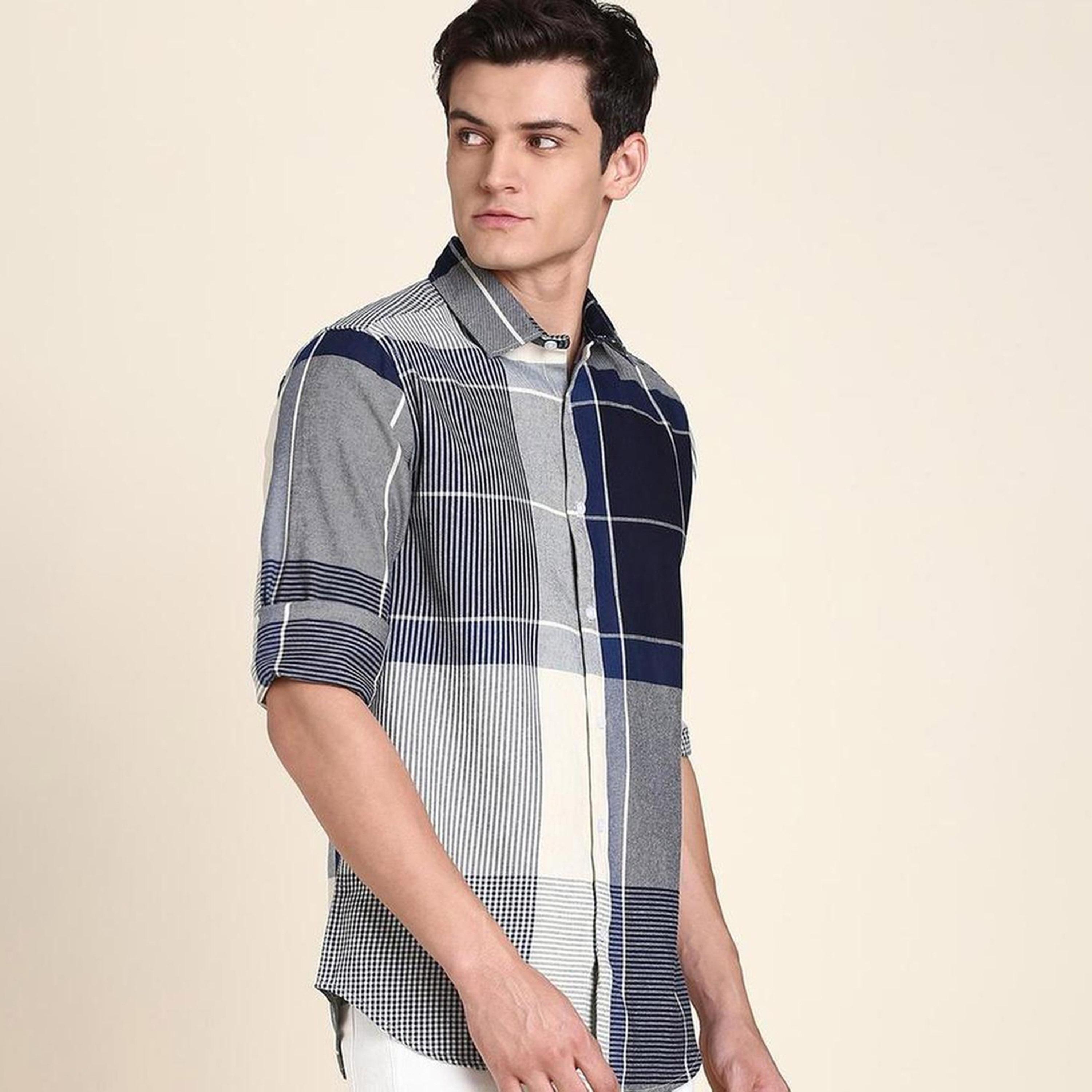 دينيس لينغو× ستايلي-  قميص كاجوال قطن خالص بقصة ضيقة ومربعات هندية زرقاء اللون-men-clothing-shirts-image-2