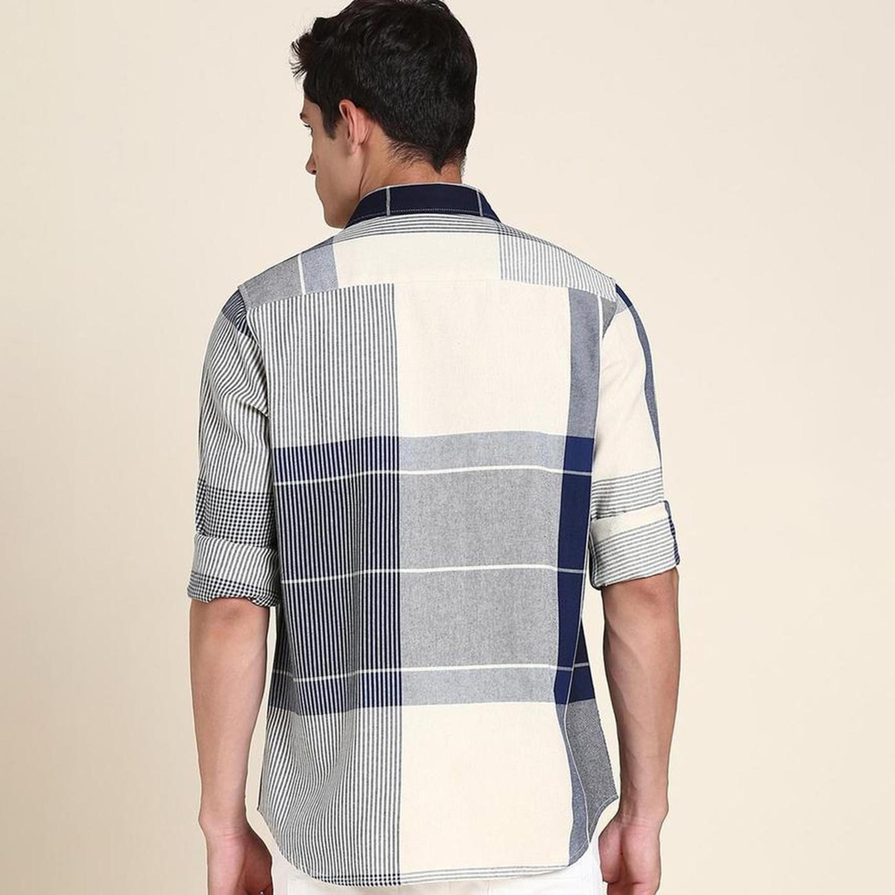 دينيس لينغو× ستايلي-  قميص كاجوال قطن خالص بقصة ضيقة ومربعات هندية زرقاء اللون-men-clothing-shirts-image-3