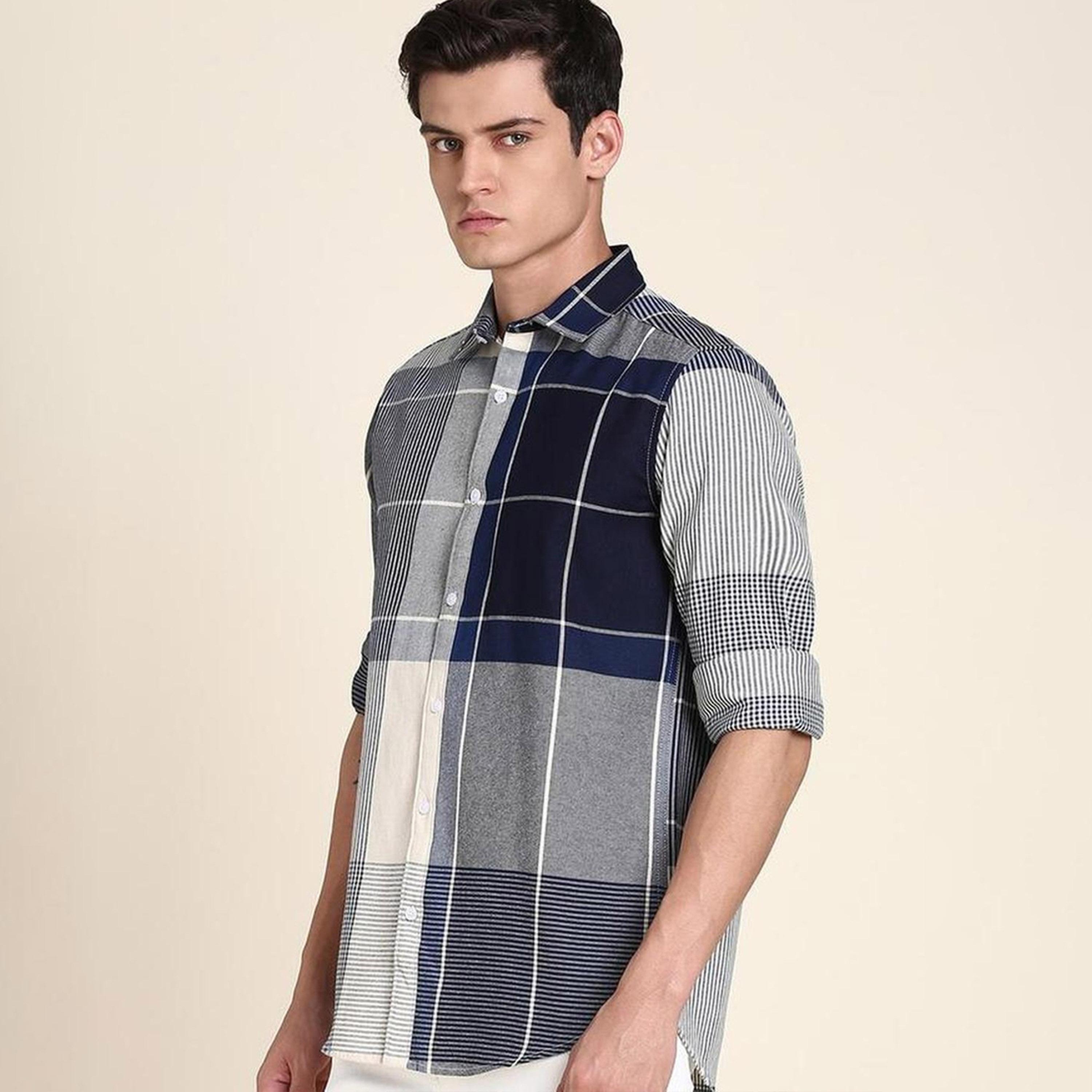 دينيس لينغو× ستايلي-  قميص كاجوال قطن خالص بقصة ضيقة ومربعات هندية زرقاء اللون-men-clothing-shirts-image-4
