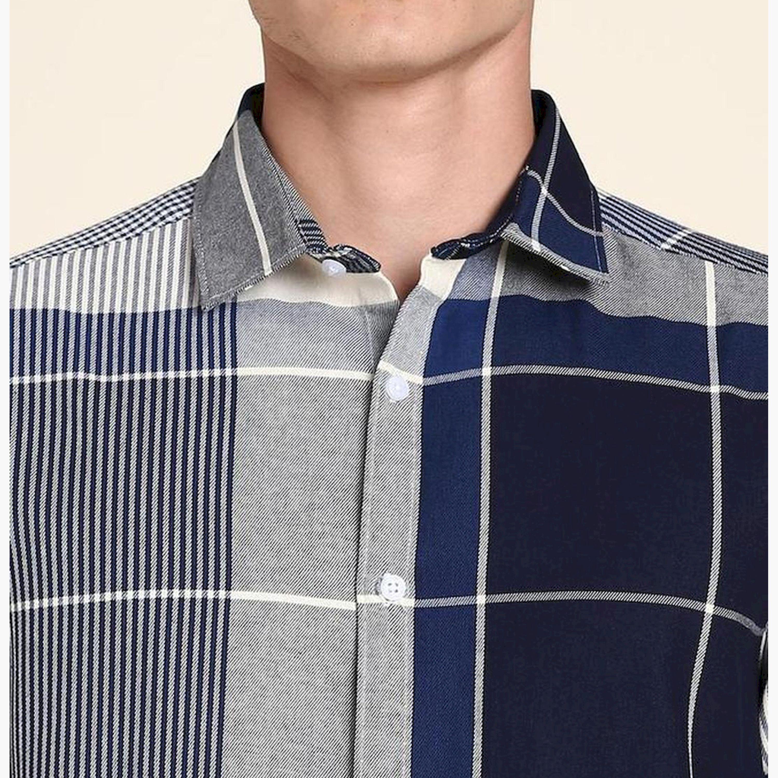 دينيس لينغو× ستايلي-  قميص كاجوال قطن خالص بقصة ضيقة ومربعات هندية زرقاء اللون-men-clothing-shirts-image-5