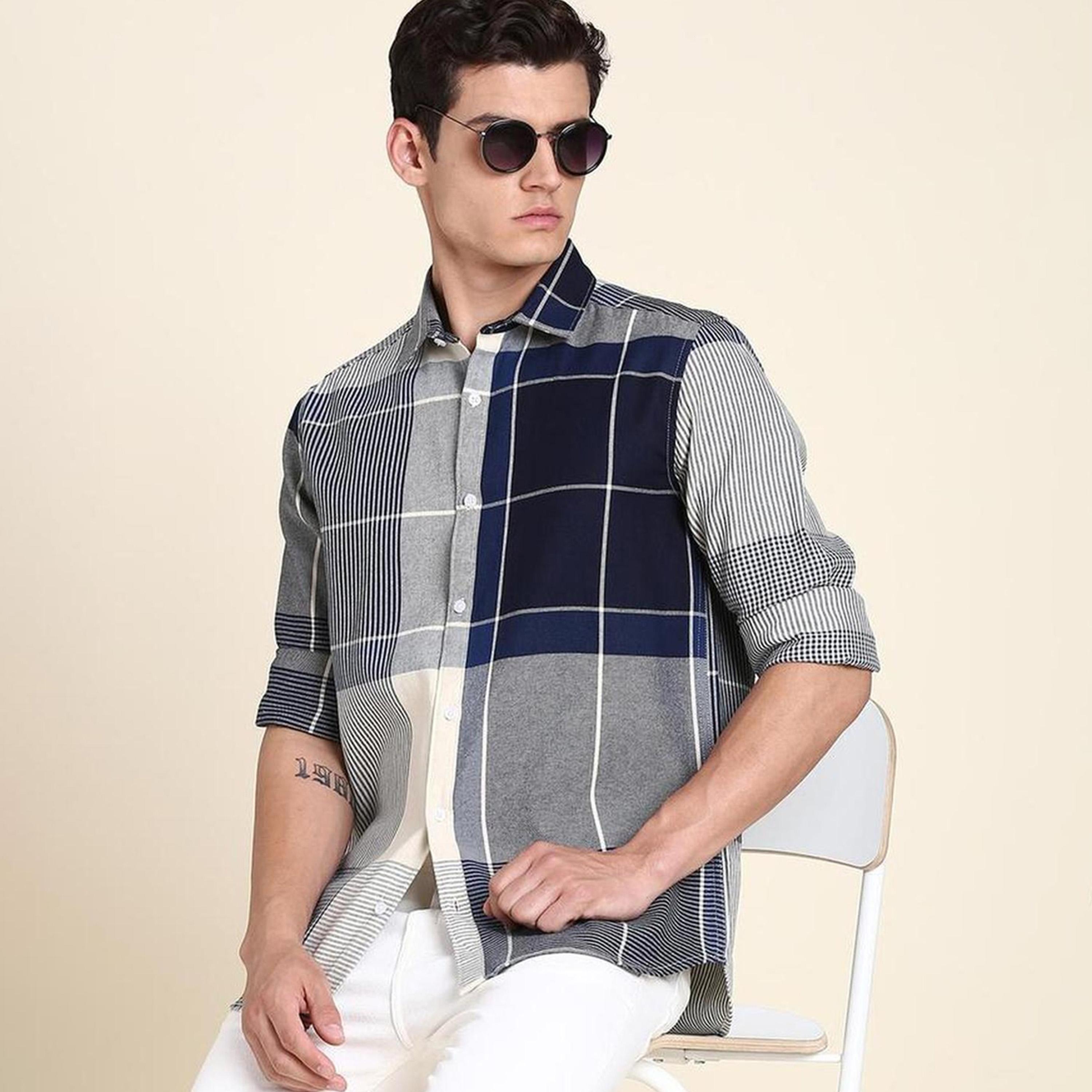 دينيس لينغو× ستايلي-  قميص كاجوال قطن خالص بقصة ضيقة ومربعات هندية زرقاء اللون-men-clothing-shirts-image-6