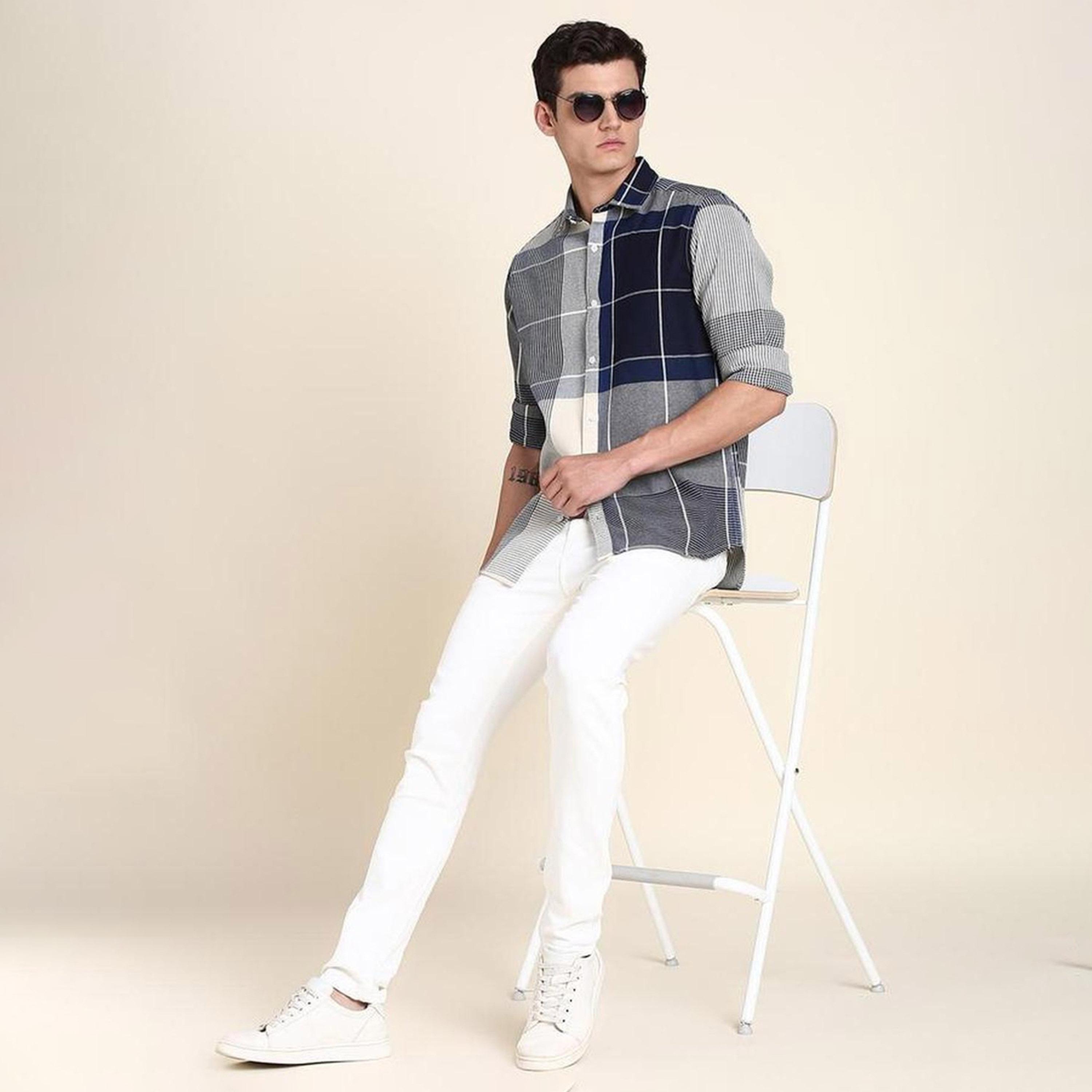 دينيس لينغو× ستايلي-  قميص كاجوال قطن خالص بقصة ضيقة ومربعات هندية زرقاء اللون-men-clothing-shirts-image-7