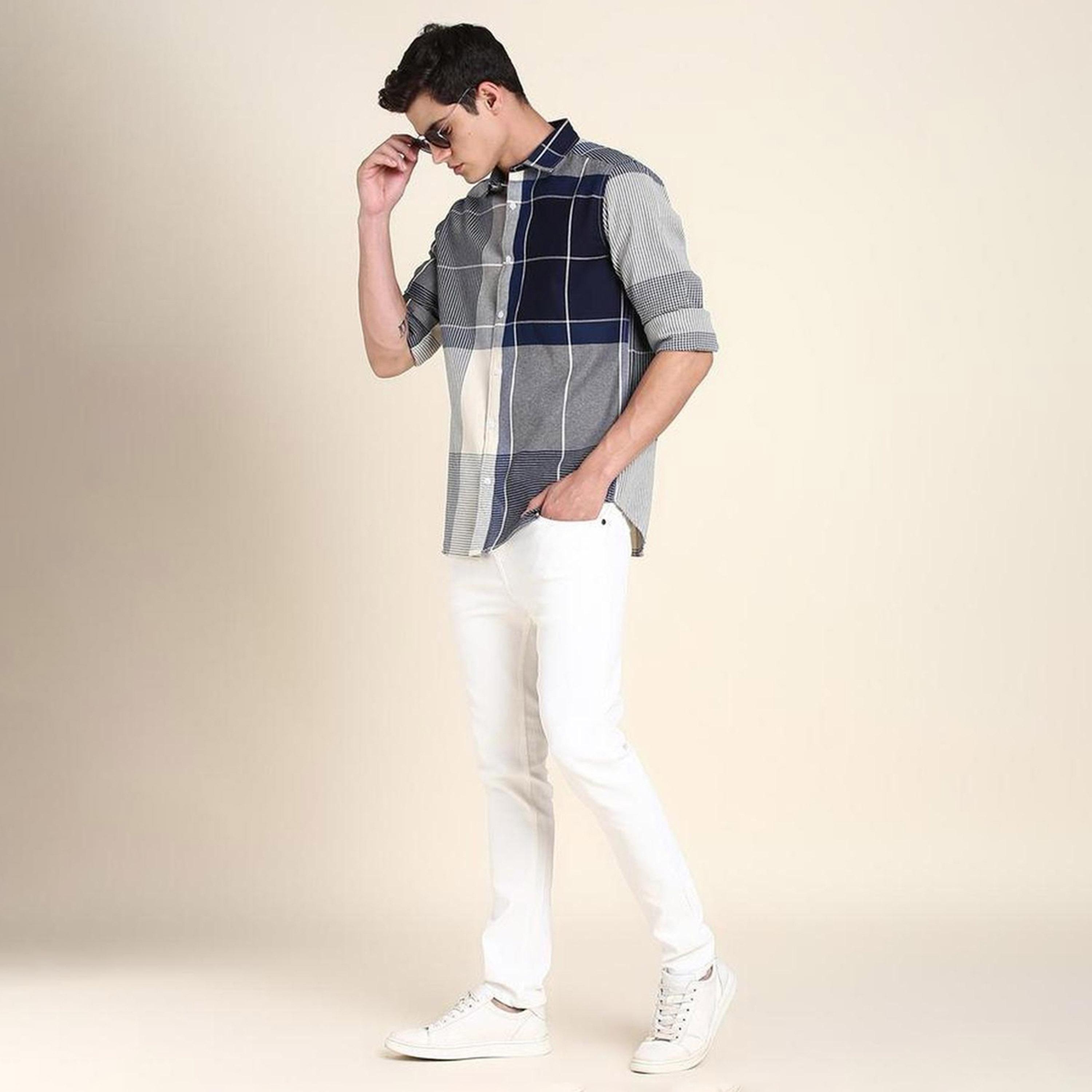 دينيس لينغو× ستايلي-  قميص كاجوال قطن خالص بقصة ضيقة ومربعات هندية زرقاء اللون-men-clothing-shirts-image-8