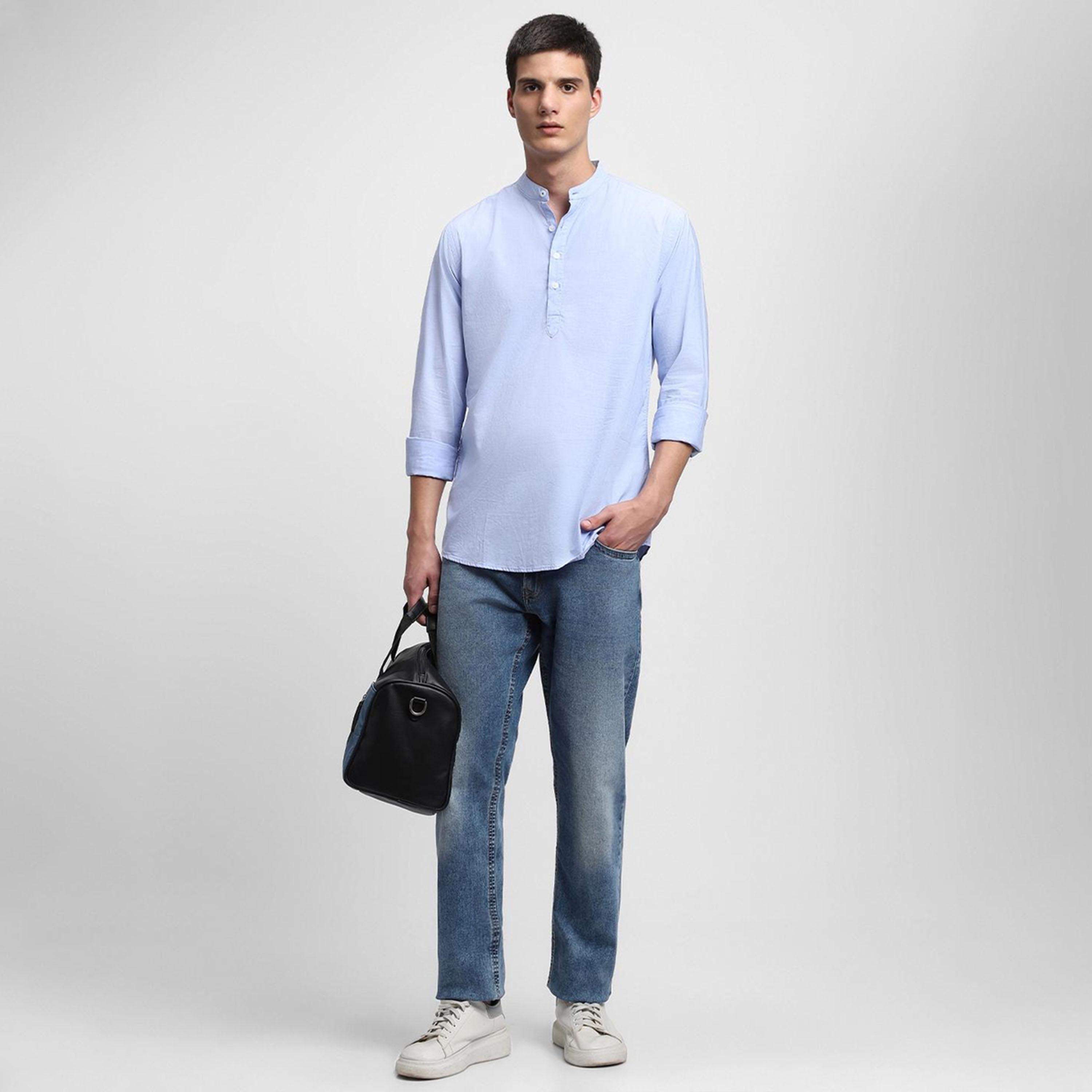 دينيس لينغو× ستايلي-  قميص رجالي ياقة ماندرين بقصة ضيقة أزرق غير شفاف قطن خالص-men-clothing-shirts-image-1