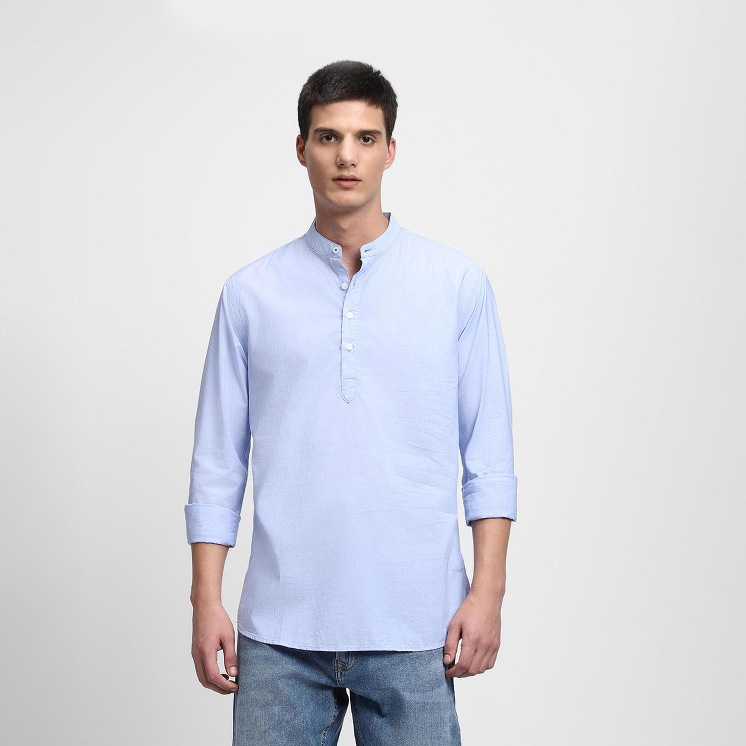 دينيس لينغو× ستايلي-  قميص رجالي ياقة ماندرين بقصة ضيقة أزرق غير شفاف قطن خالص-men-clothing-shirts-image-2