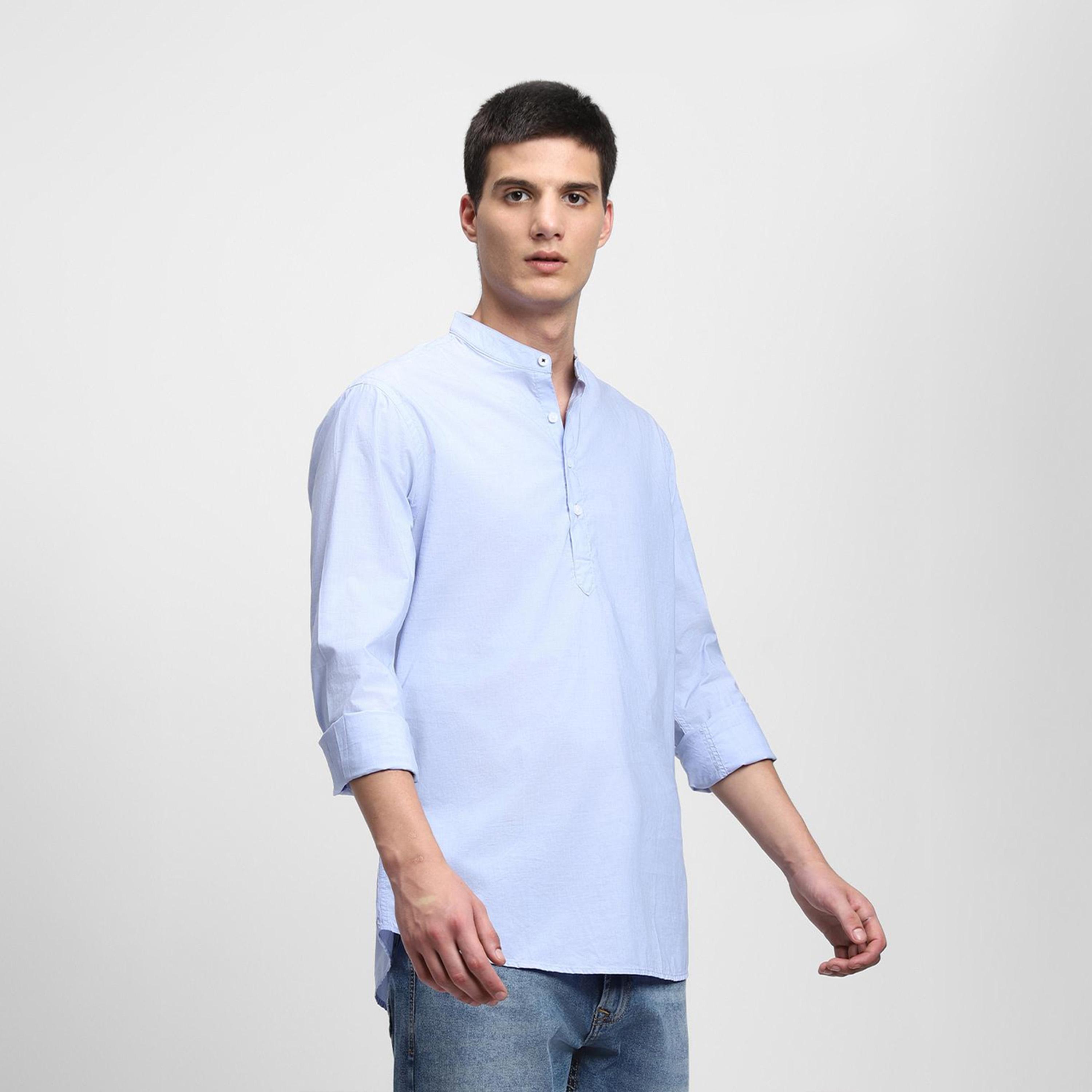 دينيس لينغو× ستايلي-  قميص رجالي ياقة ماندرين بقصة ضيقة أزرق غير شفاف قطن خالص-men-clothing-shirts-image-3