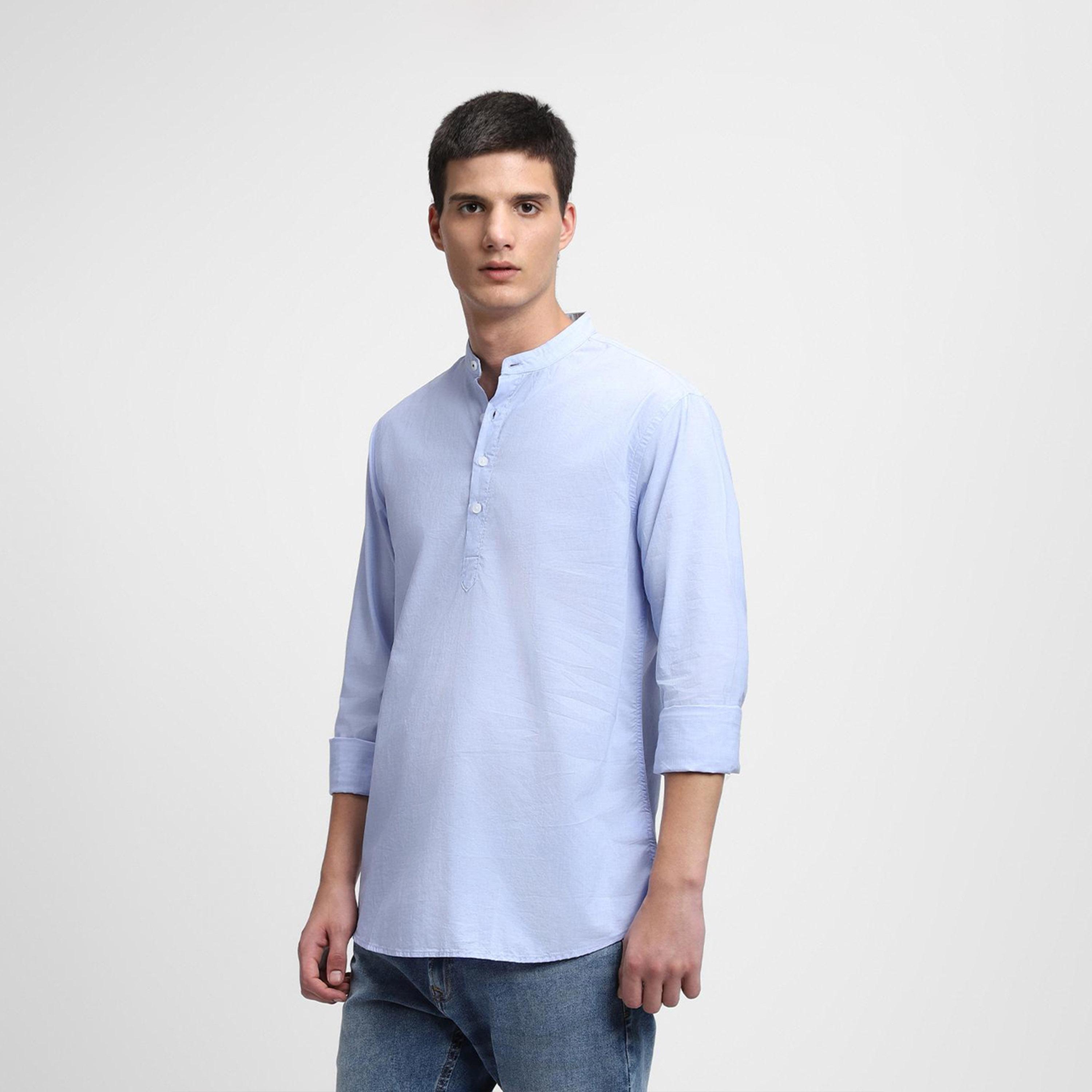 دينيس لينغو× ستايلي-  قميص رجالي ياقة ماندرين بقصة ضيقة أزرق غير شفاف قطن خالص-men-clothing-shirts-image-4