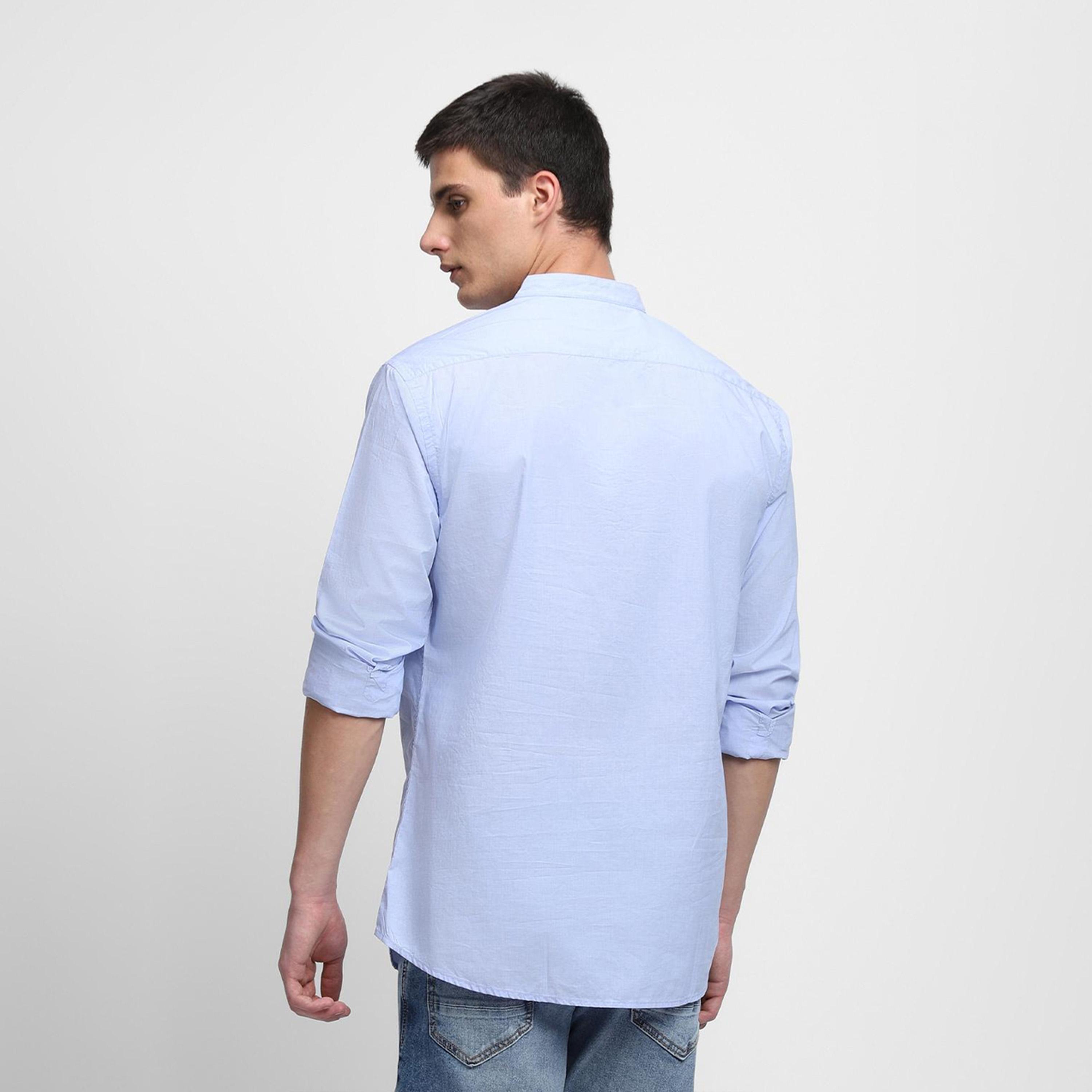 دينيس لينغو× ستايلي-  قميص رجالي ياقة ماندرين بقصة ضيقة أزرق غير شفاف قطن خالص-men-clothing-shirts-image-5