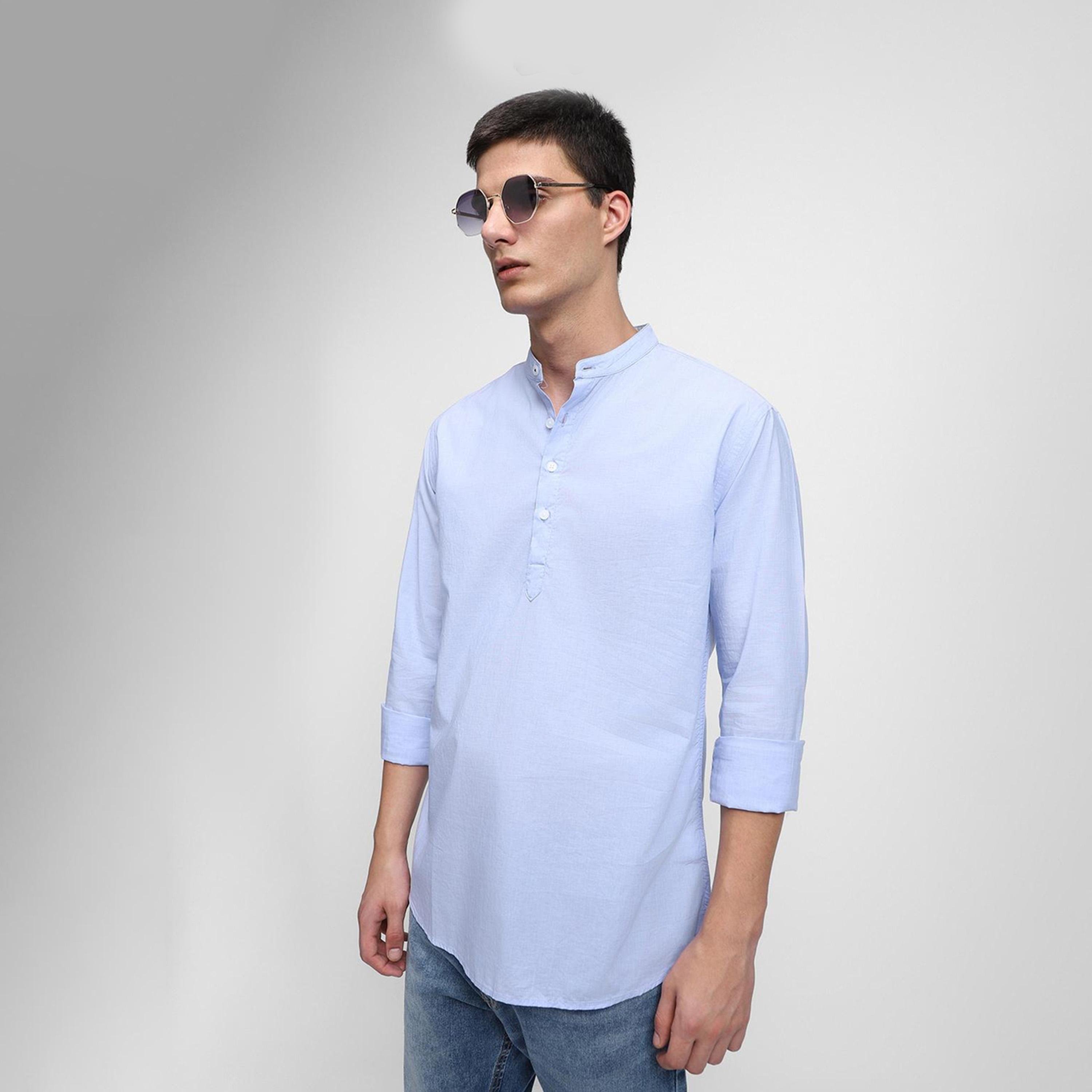 دينيس لينغو× ستايلي-  قميص رجالي ياقة ماندرين بقصة ضيقة أزرق غير شفاف قطن خالص-men-clothing-shirts-image-6
