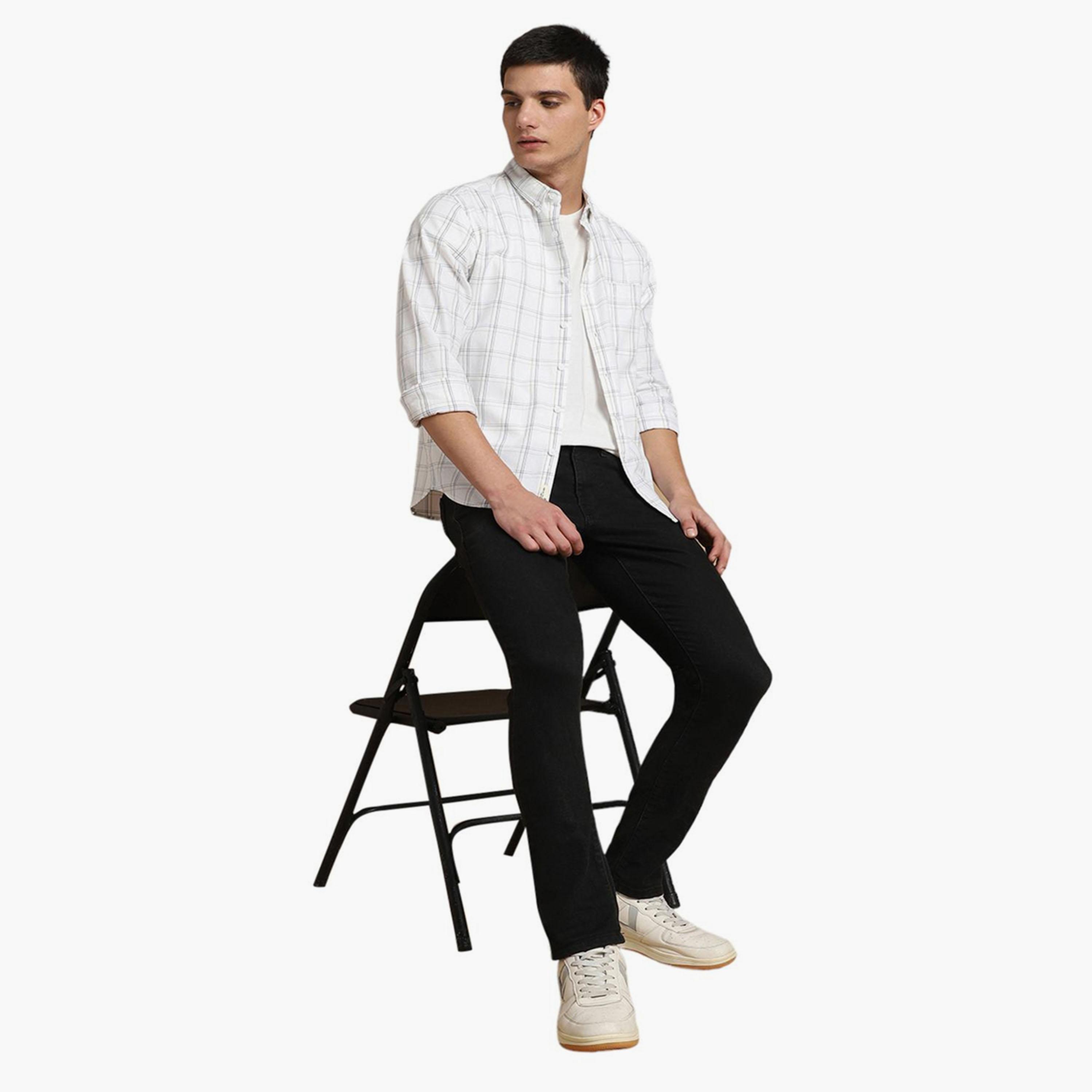 دينيس لينغو× ستايلي-  قميص أبيض كاجوال قماش ترتان قصة ضيقة قطن خالص-men-clothing-shirts-image-1
