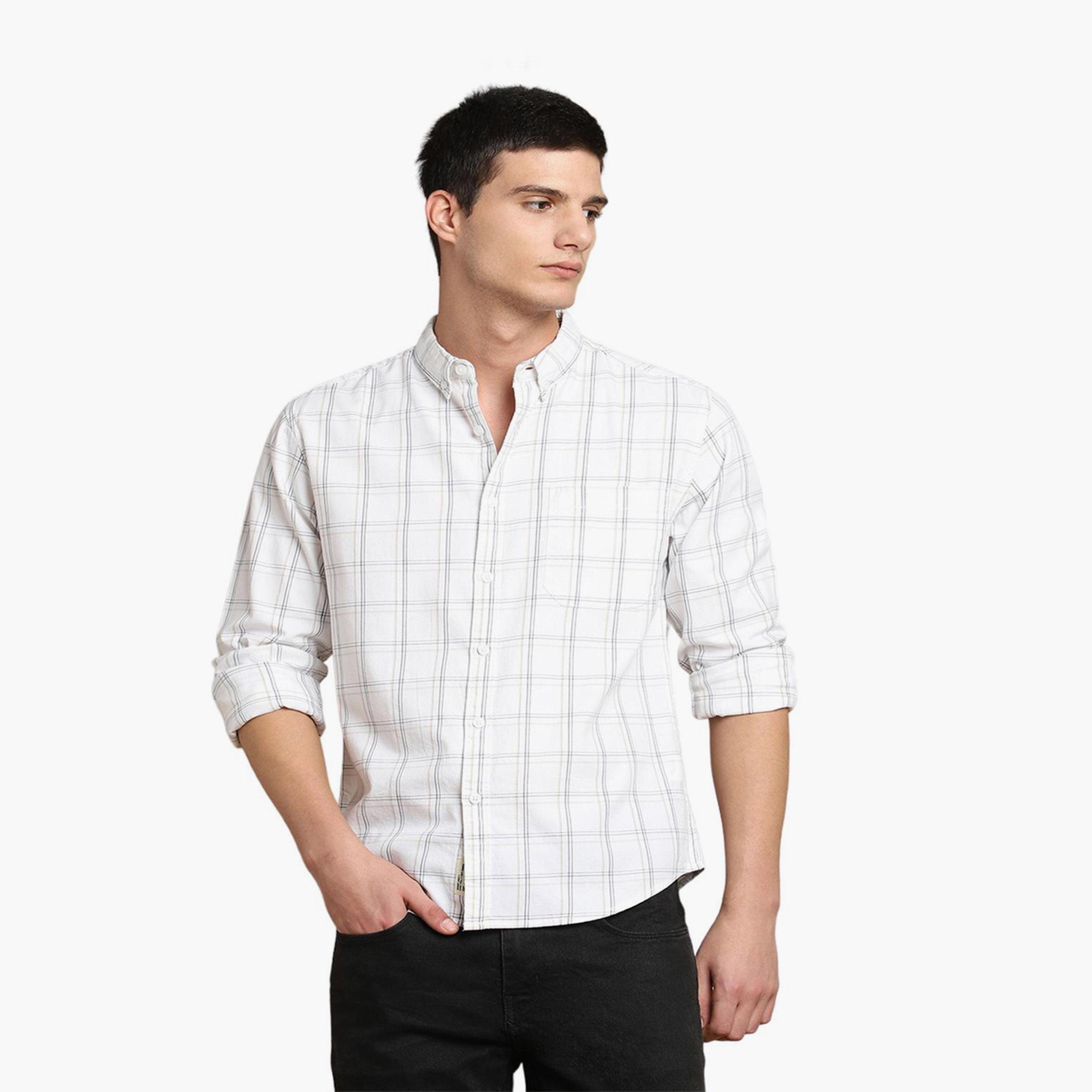 دينيس لينغو× ستايلي-  قميص أبيض كاجوال قماش ترتان قصة ضيقة قطن خالص-men-clothing-shirts-image-2