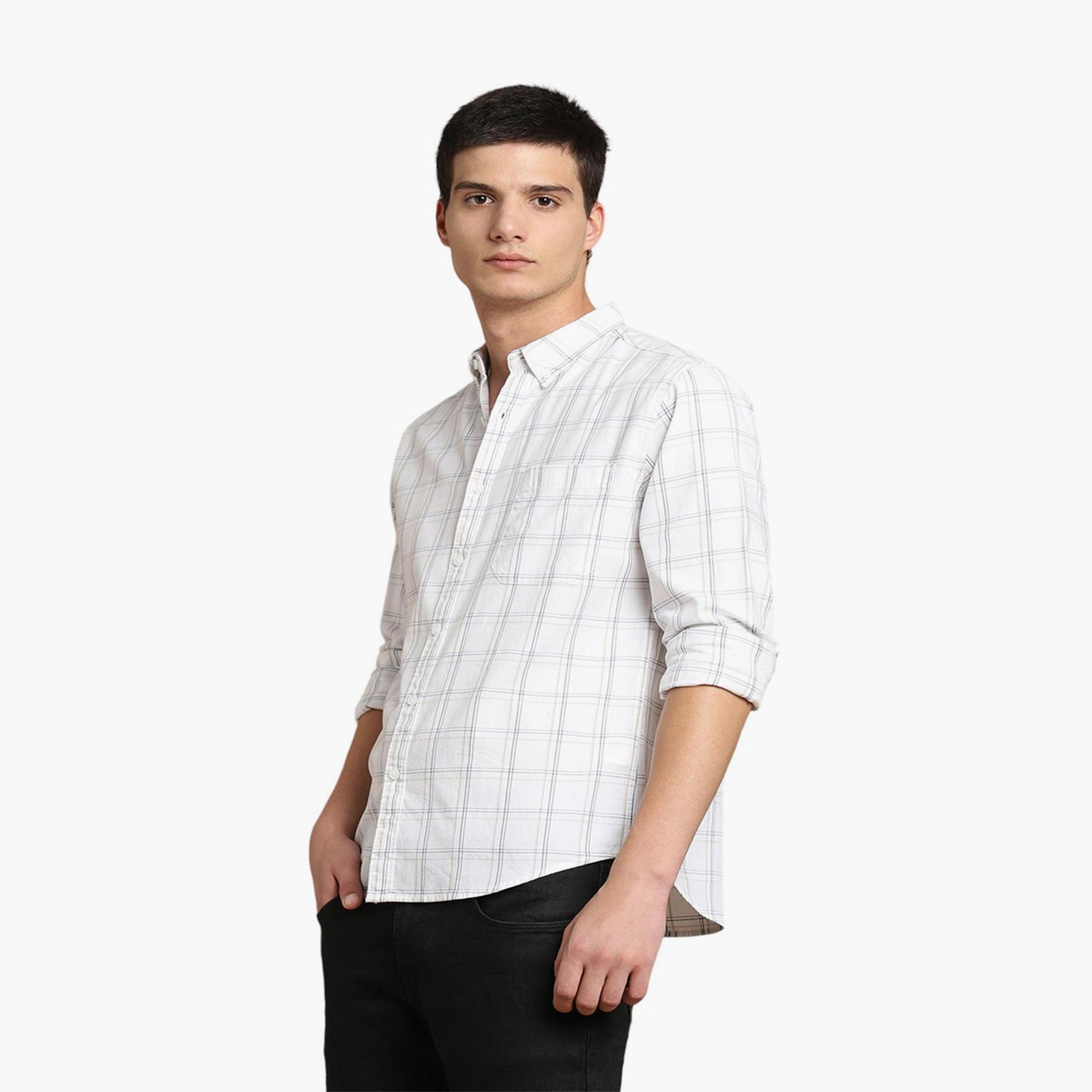 دينيس لينغو× ستايلي-  قميص أبيض كاجوال قماش ترتان قصة ضيقة قطن خالص-men-clothing-shirts-image-4