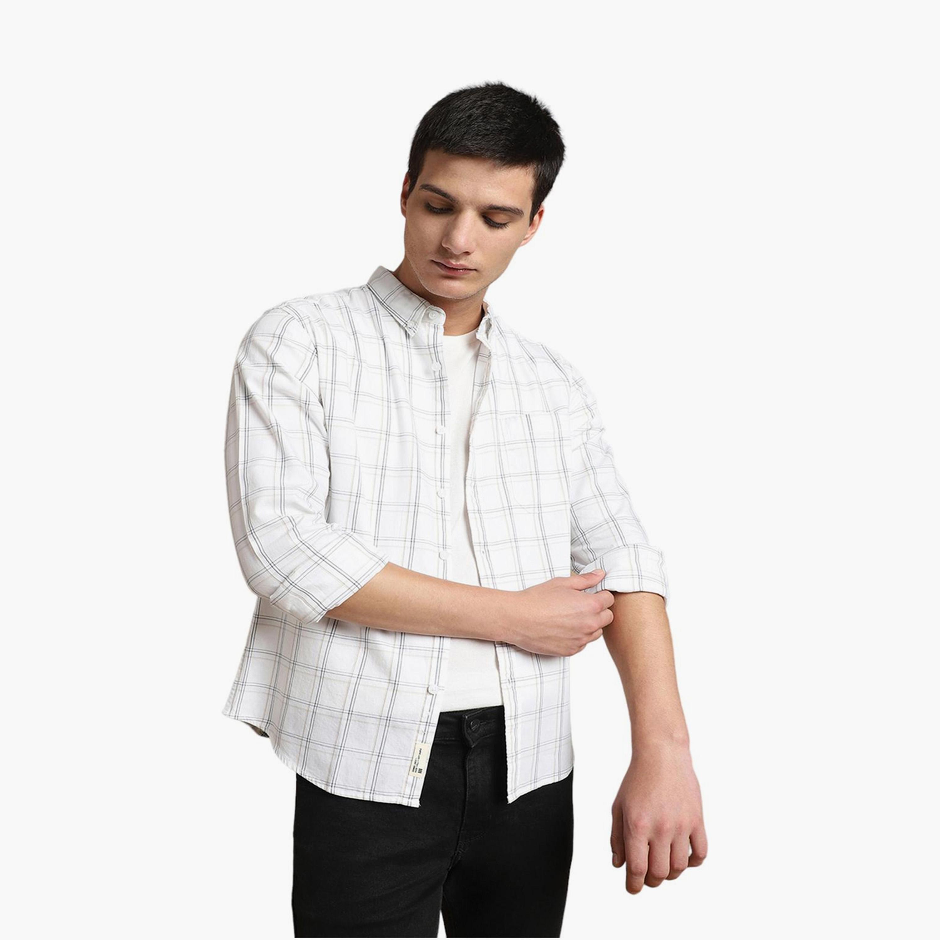 دينيس لينغو× ستايلي-  قميص أبيض كاجوال قماش ترتان قصة ضيقة قطن خالص-men-clothing-shirts-image-6