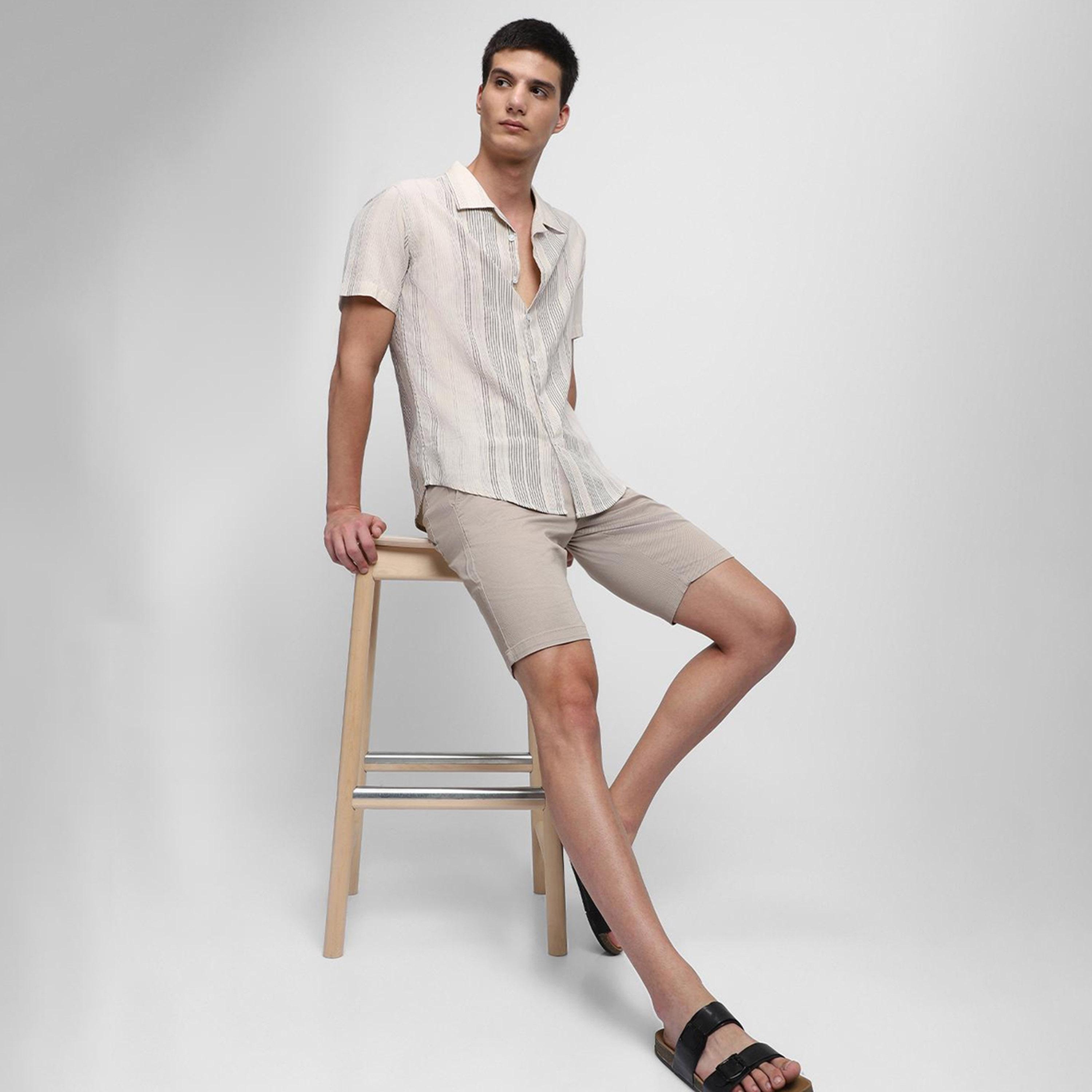دينيس لينغو× ستايلي-  قميص كاكي مخطط عمودي قطن خالص-men-clothing-shirts-image-1