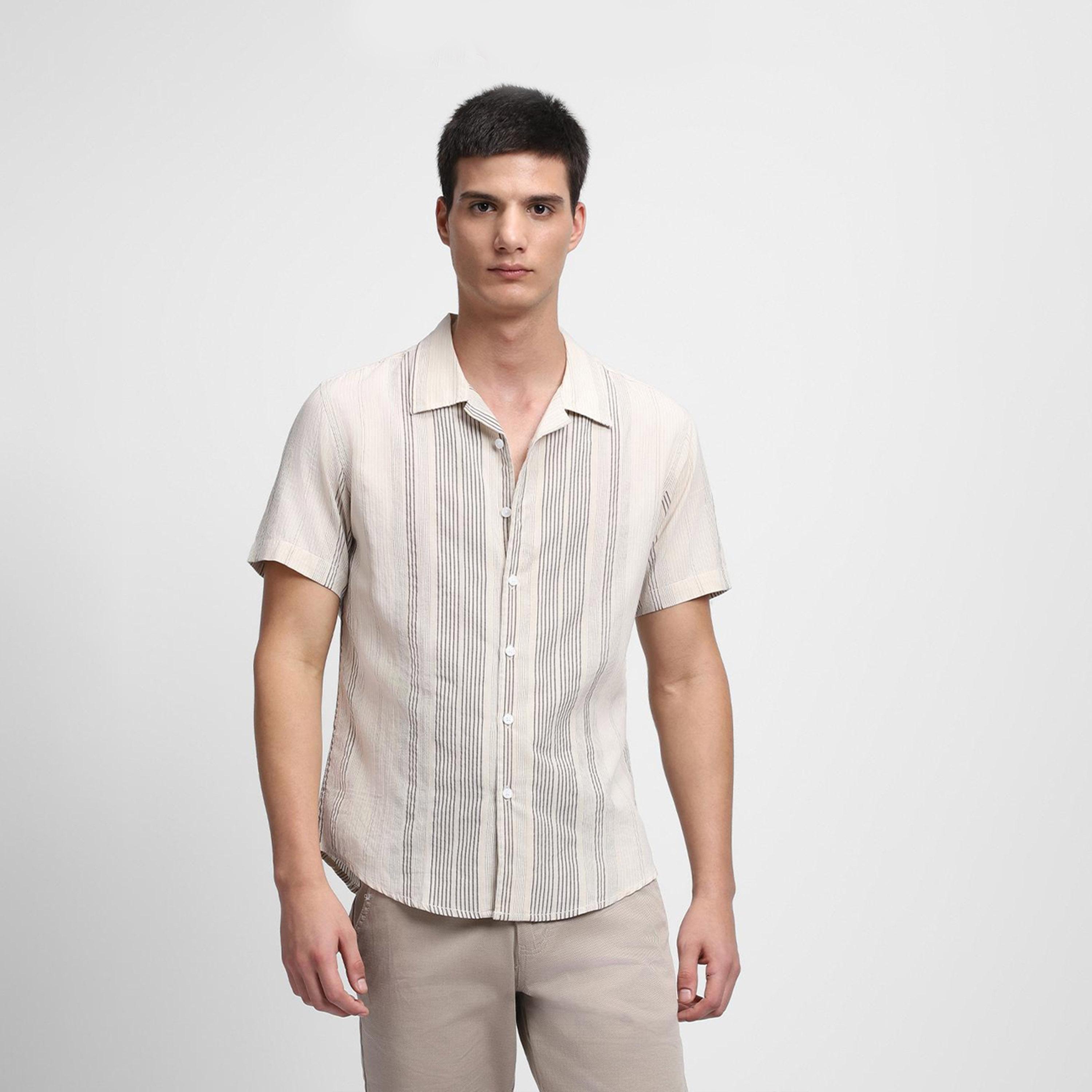 دينيس لينغو× ستايلي-  قميص كاكي مخطط عمودي قطن خالص-men-clothing-shirts-image-2