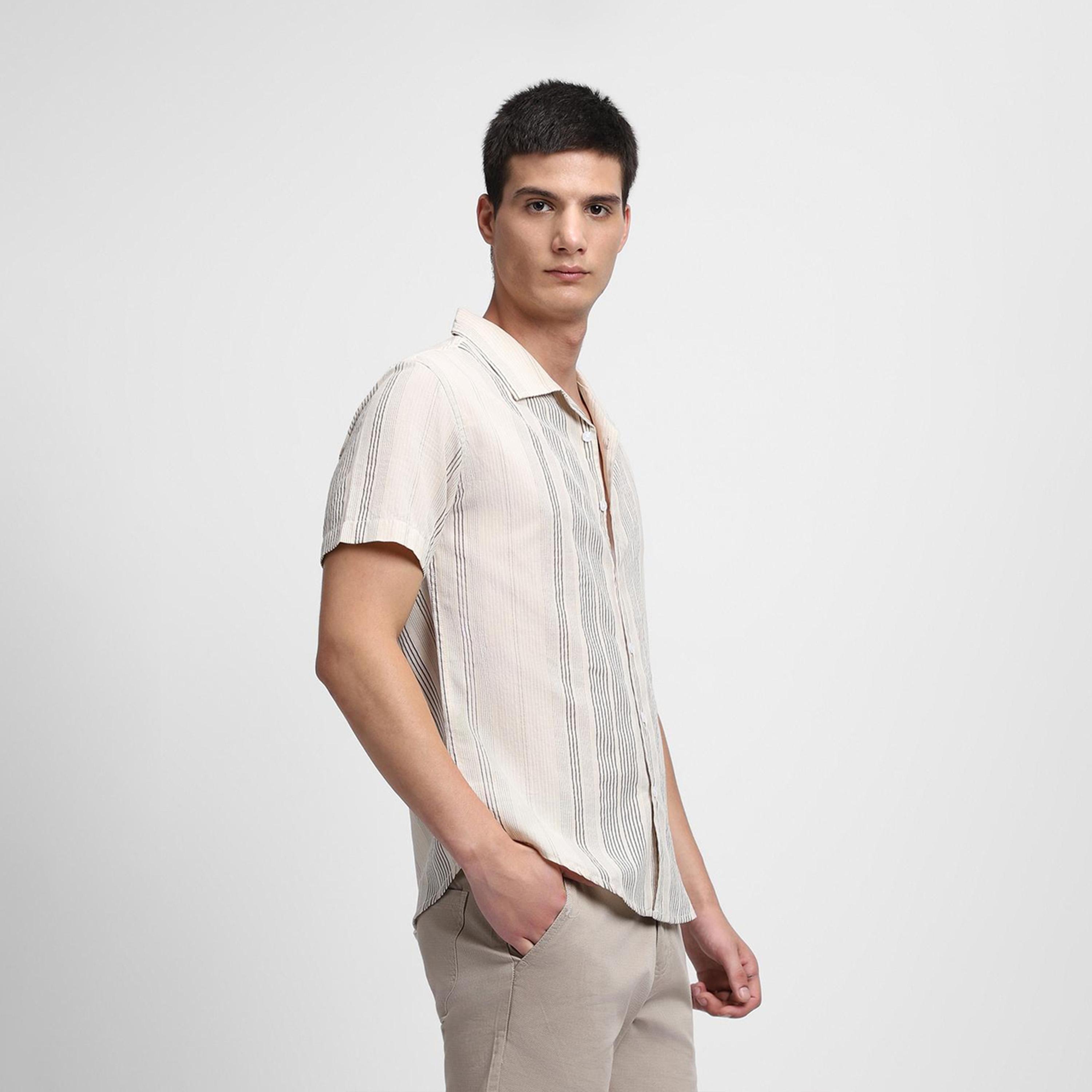 دينيس لينغو× ستايلي-  قميص كاكي مخطط عمودي قطن خالص-men-clothing-shirts-image-3