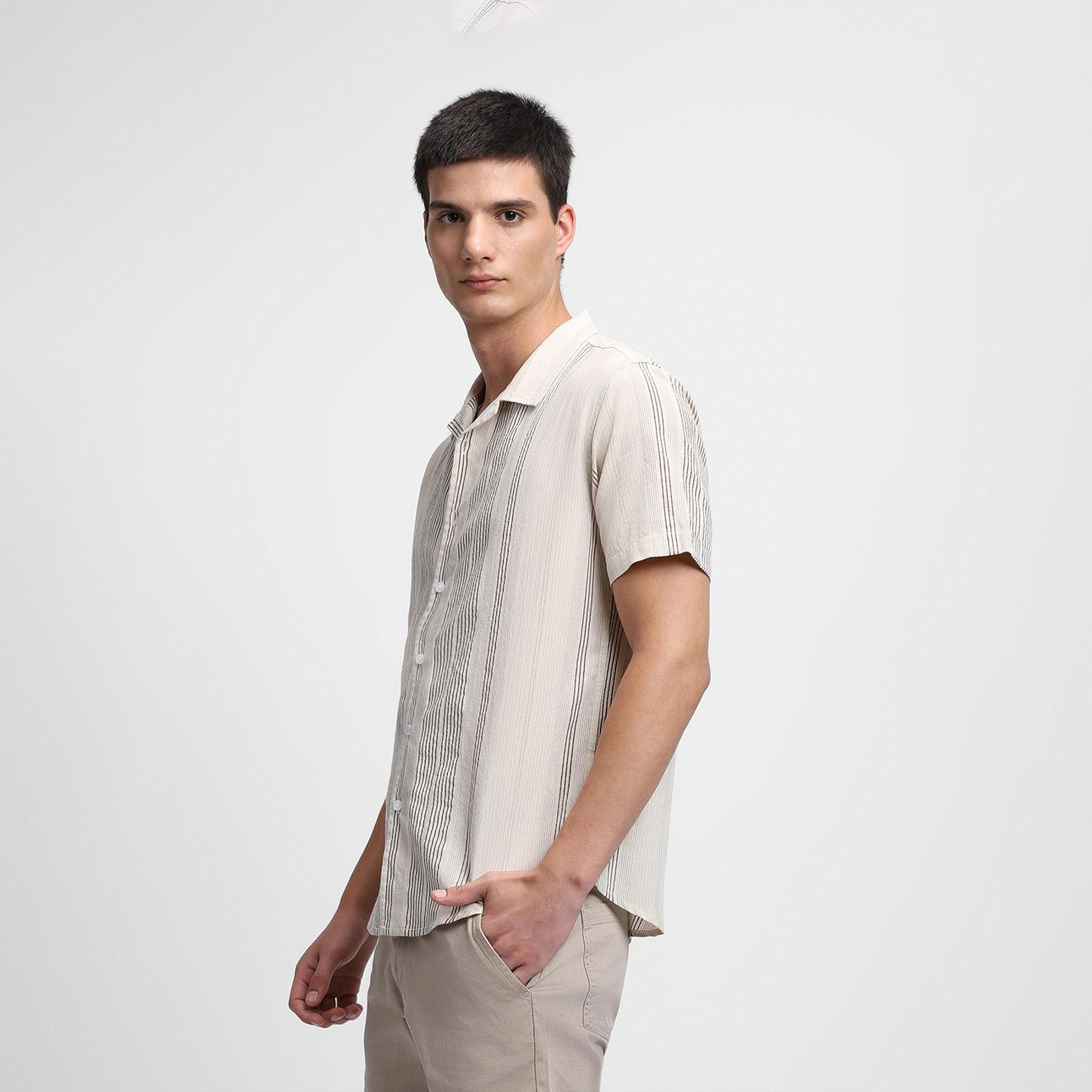 دينيس لينغو× ستايلي-  قميص كاكي مخطط عمودي قطن خالص-men-clothing-shirts-image-4