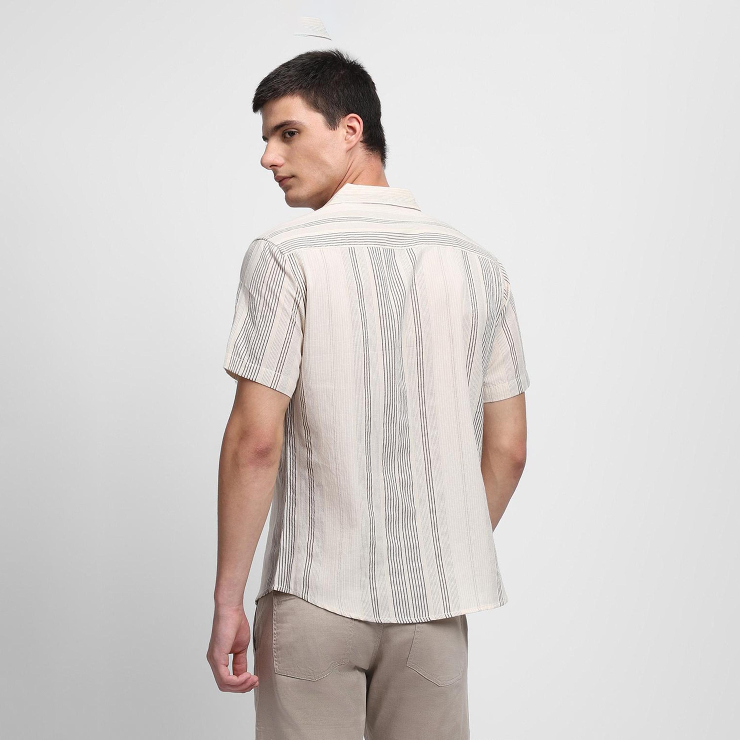 دينيس لينغو× ستايلي-  قميص كاكي مخطط عمودي قطن خالص-men-clothing-shirts-image-5