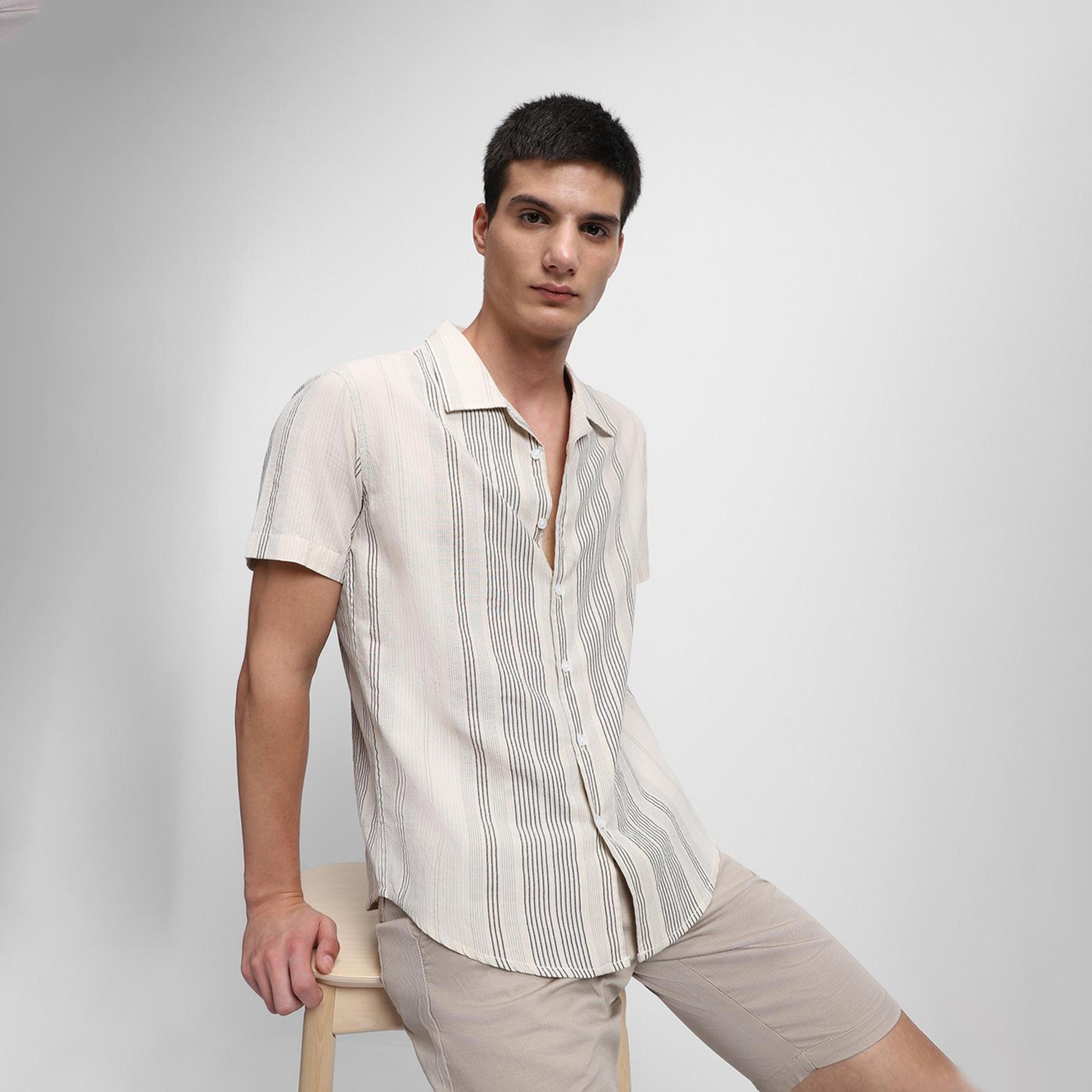 دينيس لينغو× ستايلي-  قميص كاكي مخطط عمودي قطن خالص-men-clothing-shirts-image-6