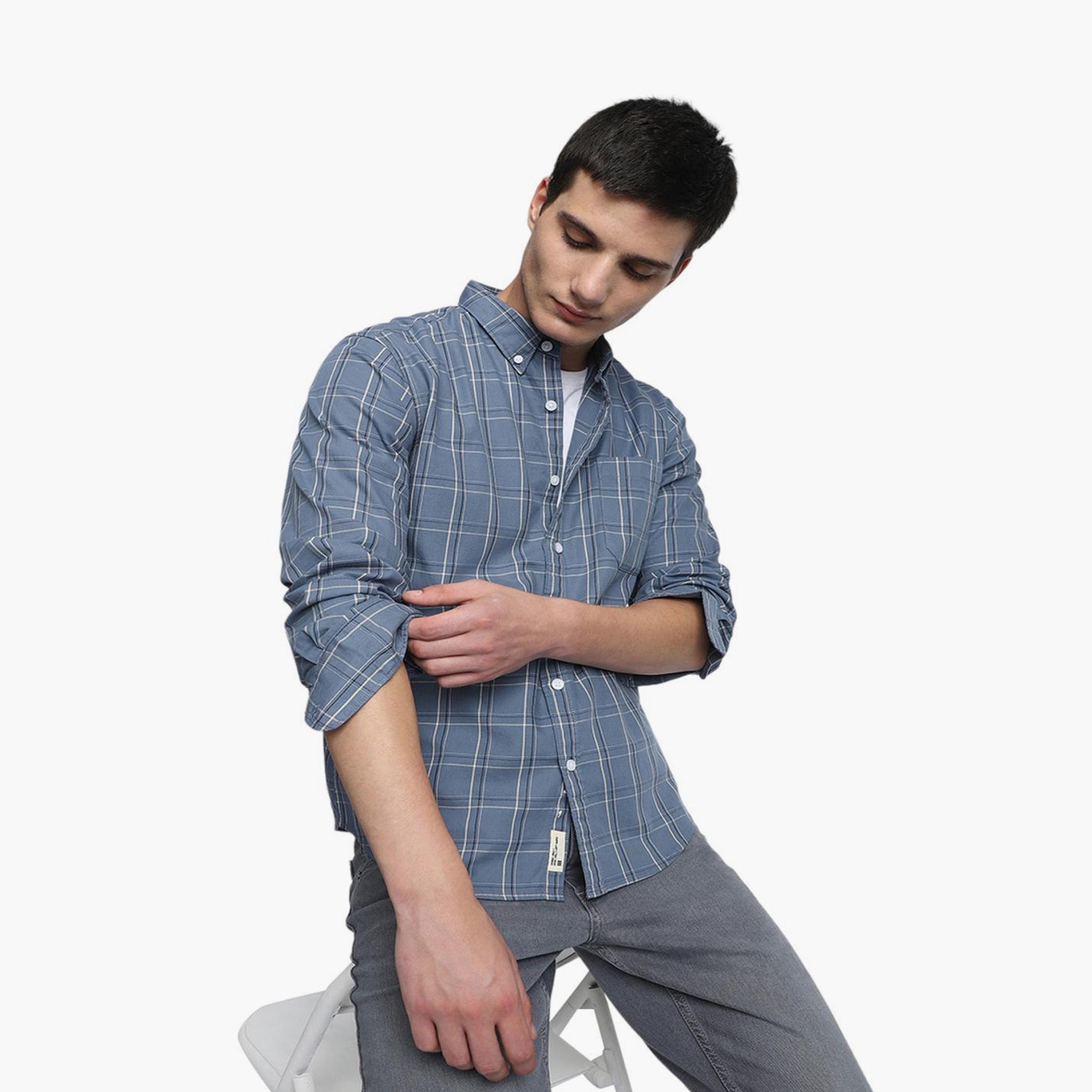 Dennis Lingo X Styli Blue Slim Fit Tartan Checks Pure Cotton Casual Shirt-men-clothing-shirts-image-6
