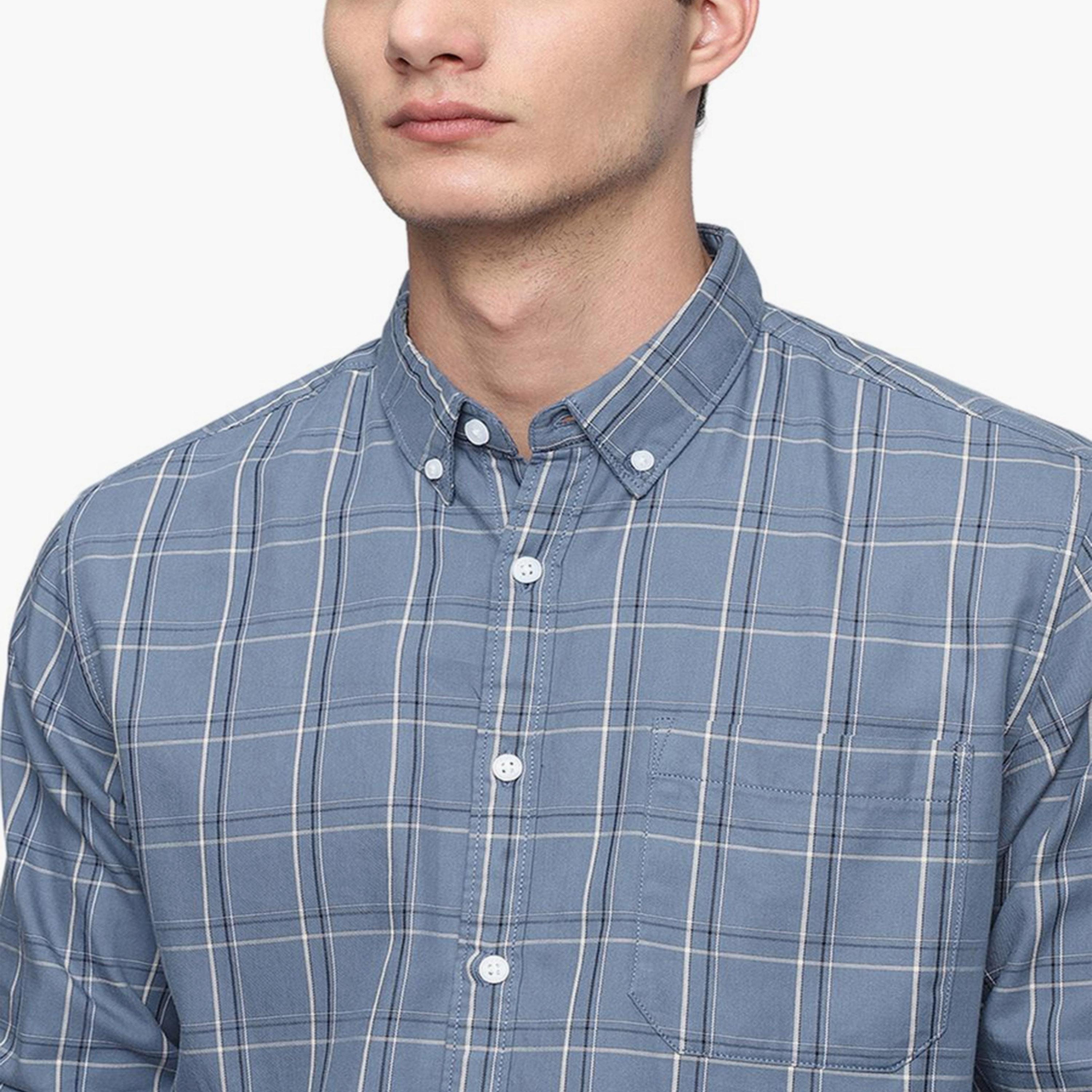 Dennis Lingo X Styli Blue Slim Fit Tartan Checks Pure Cotton Casual Shirt-men-clothing-shirts-image-7