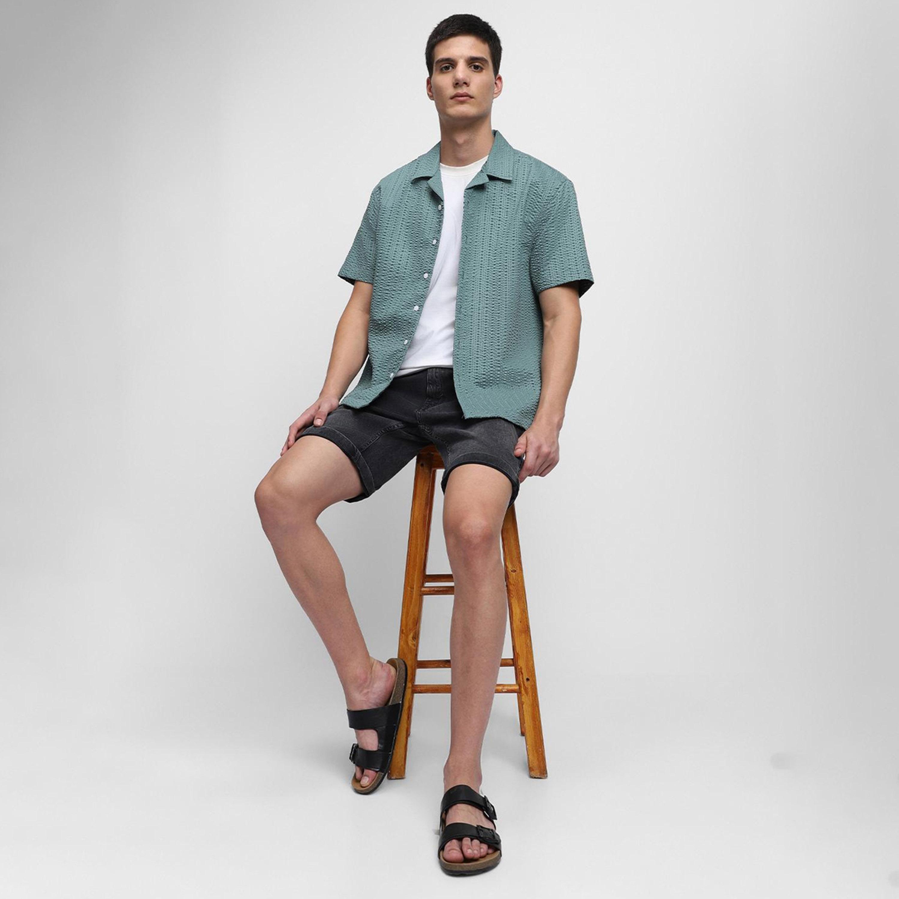 دينيس لينغو× ستايلي-  قميص كاجوال ياقة كوبية مزخرفة بتصميم ذاتي لون أخضر-men-clothing-shirts-image-1