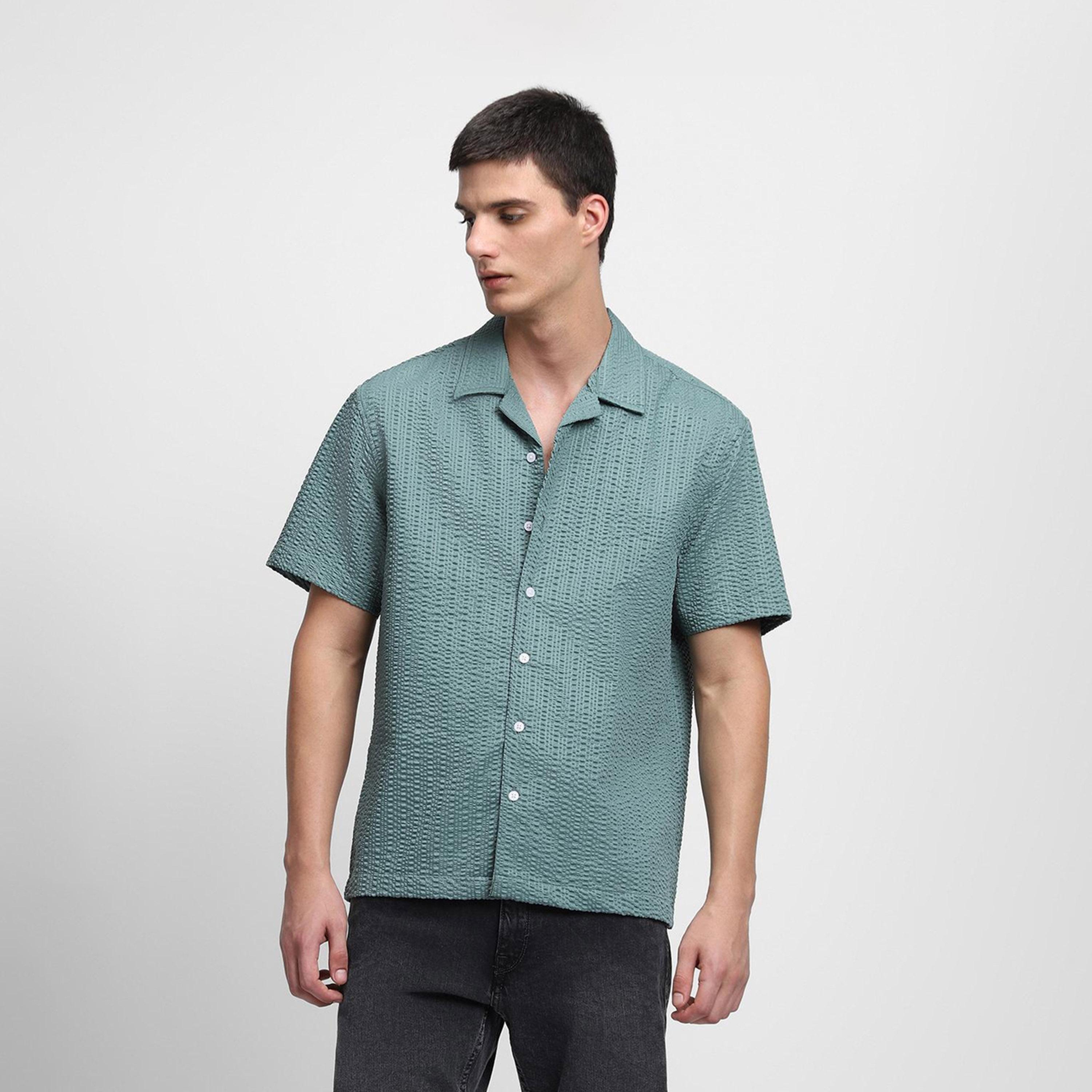 دينيس لينغو× ستايلي-  قميص كاجوال ياقة كوبية مزخرفة بتصميم ذاتي لون أخضر-men-clothing-shirts-image-2