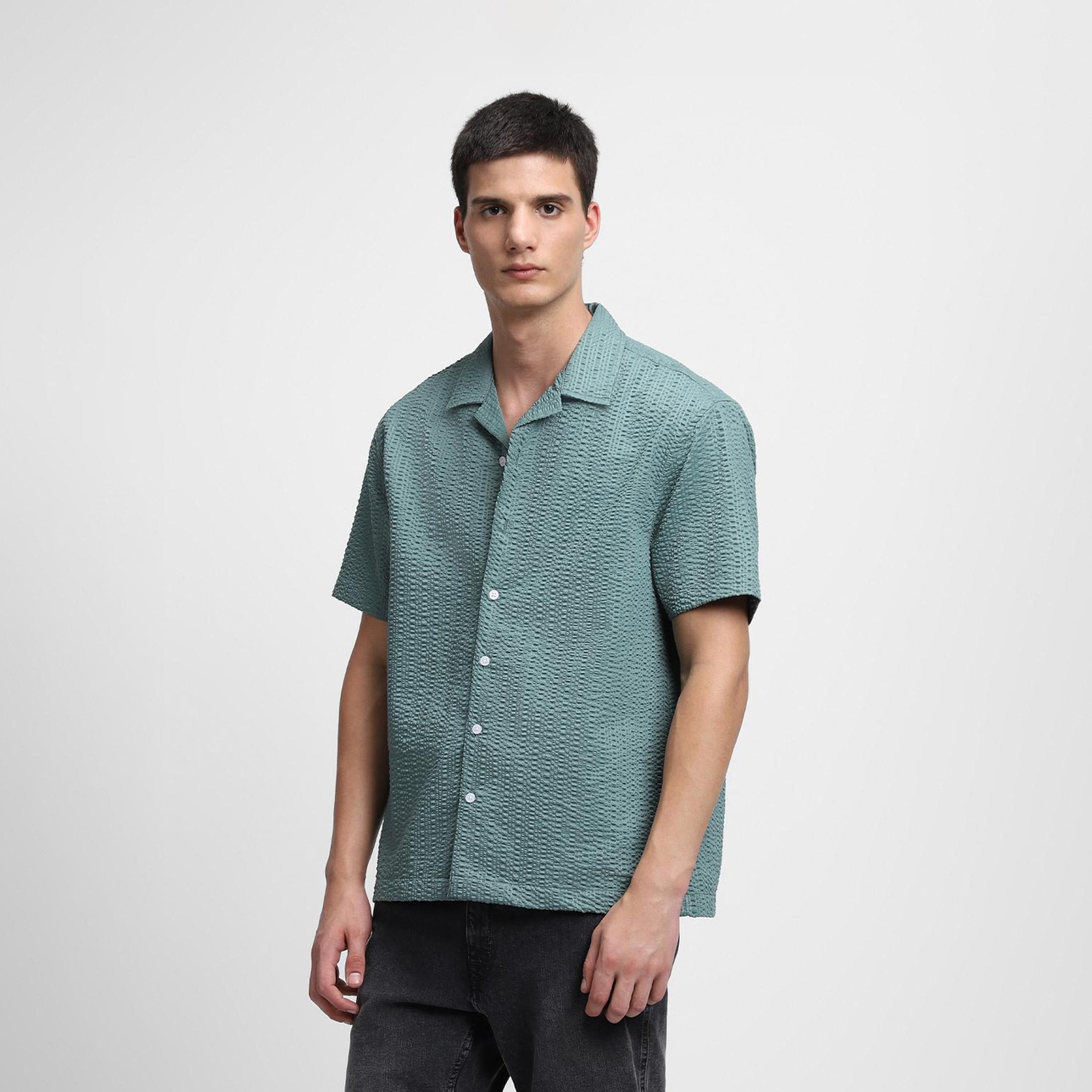 دينيس لينغو× ستايلي-  قميص كاجوال ياقة كوبية مزخرفة بتصميم ذاتي لون أخضر-men-clothing-shirts-image-3