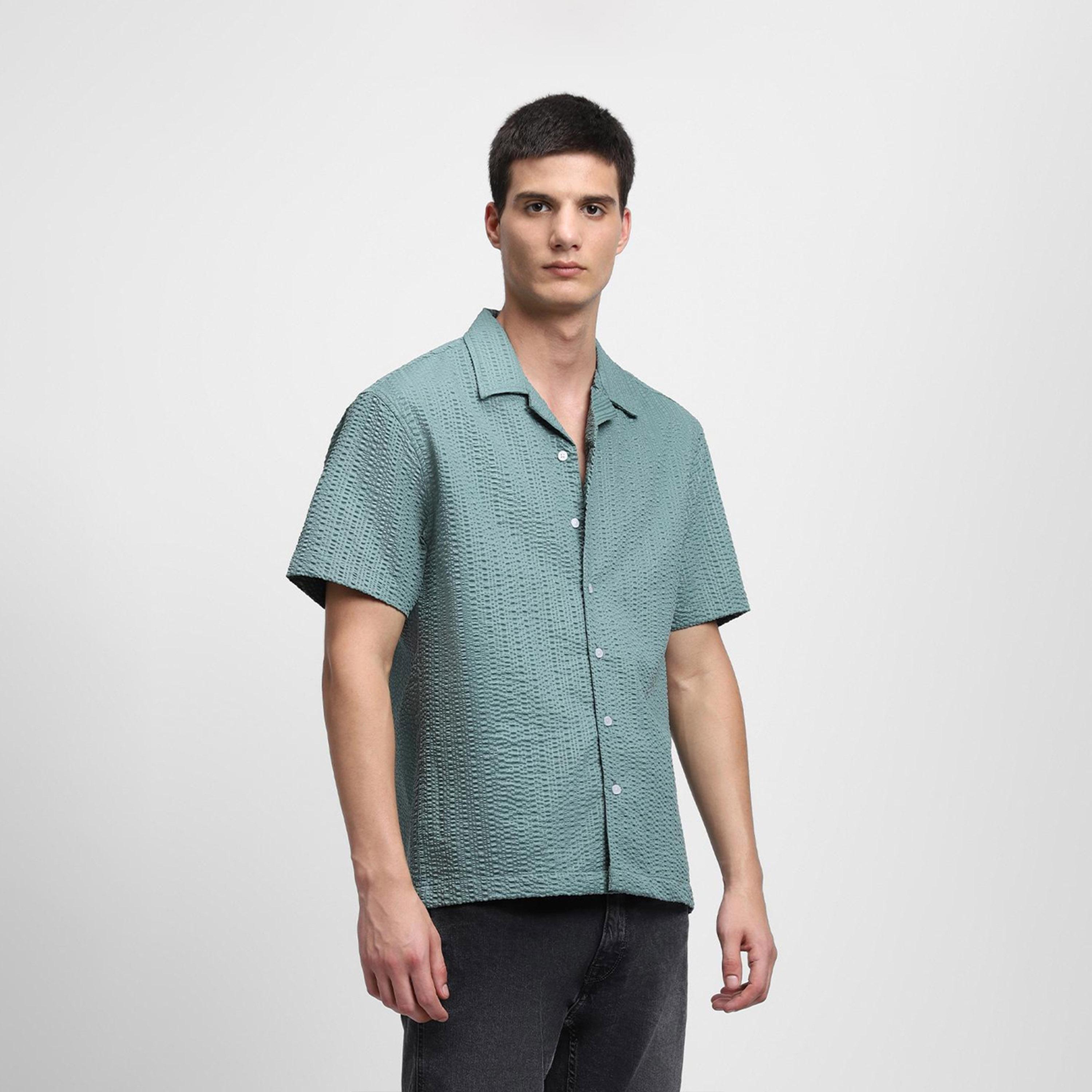 دينيس لينغو× ستايلي-  قميص كاجوال ياقة كوبية مزخرفة بتصميم ذاتي لون أخضر-men-clothing-shirts-image-4