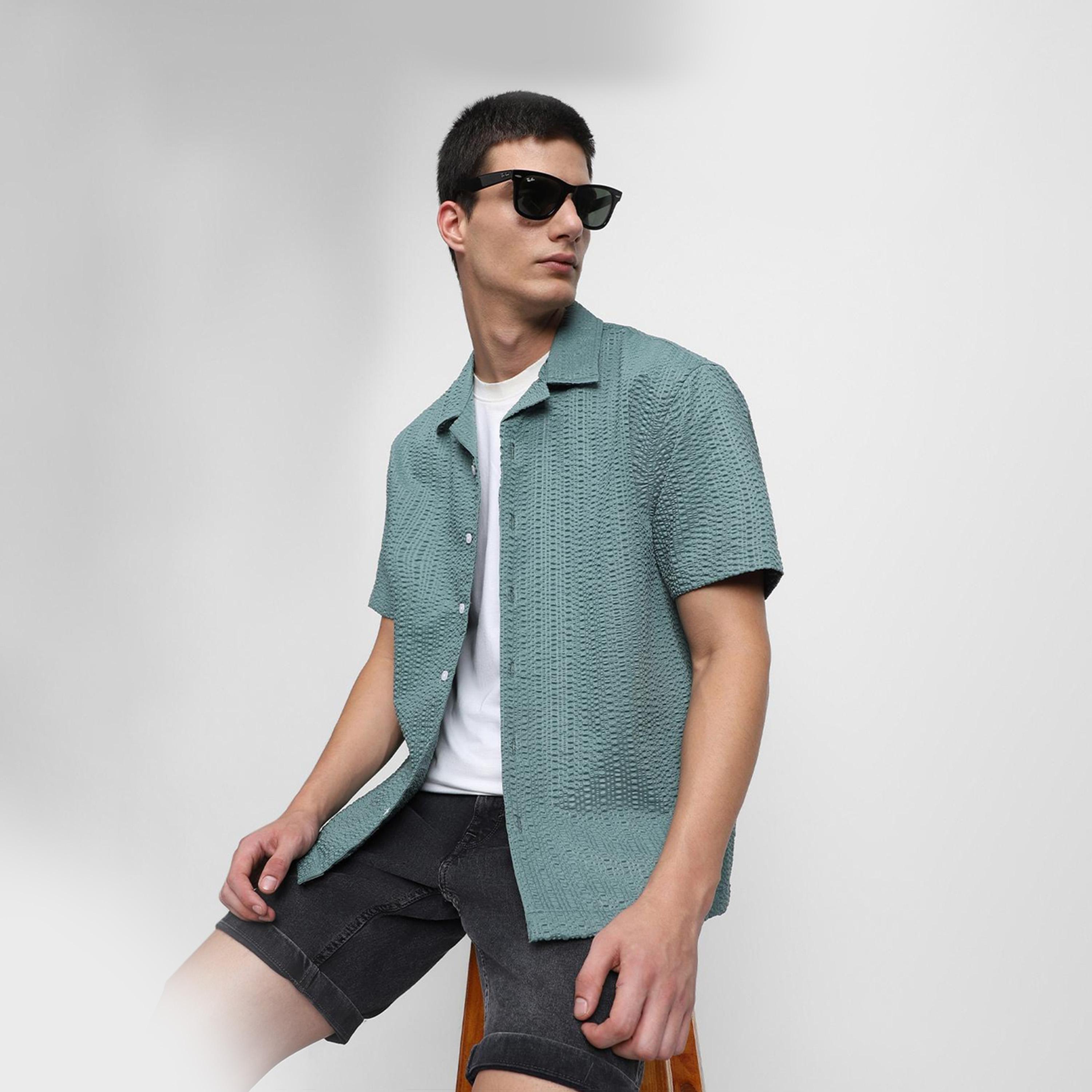 دينيس لينغو× ستايلي-  قميص كاجوال ياقة كوبية مزخرفة بتصميم ذاتي لون أخضر-men-clothing-shirts-image-6