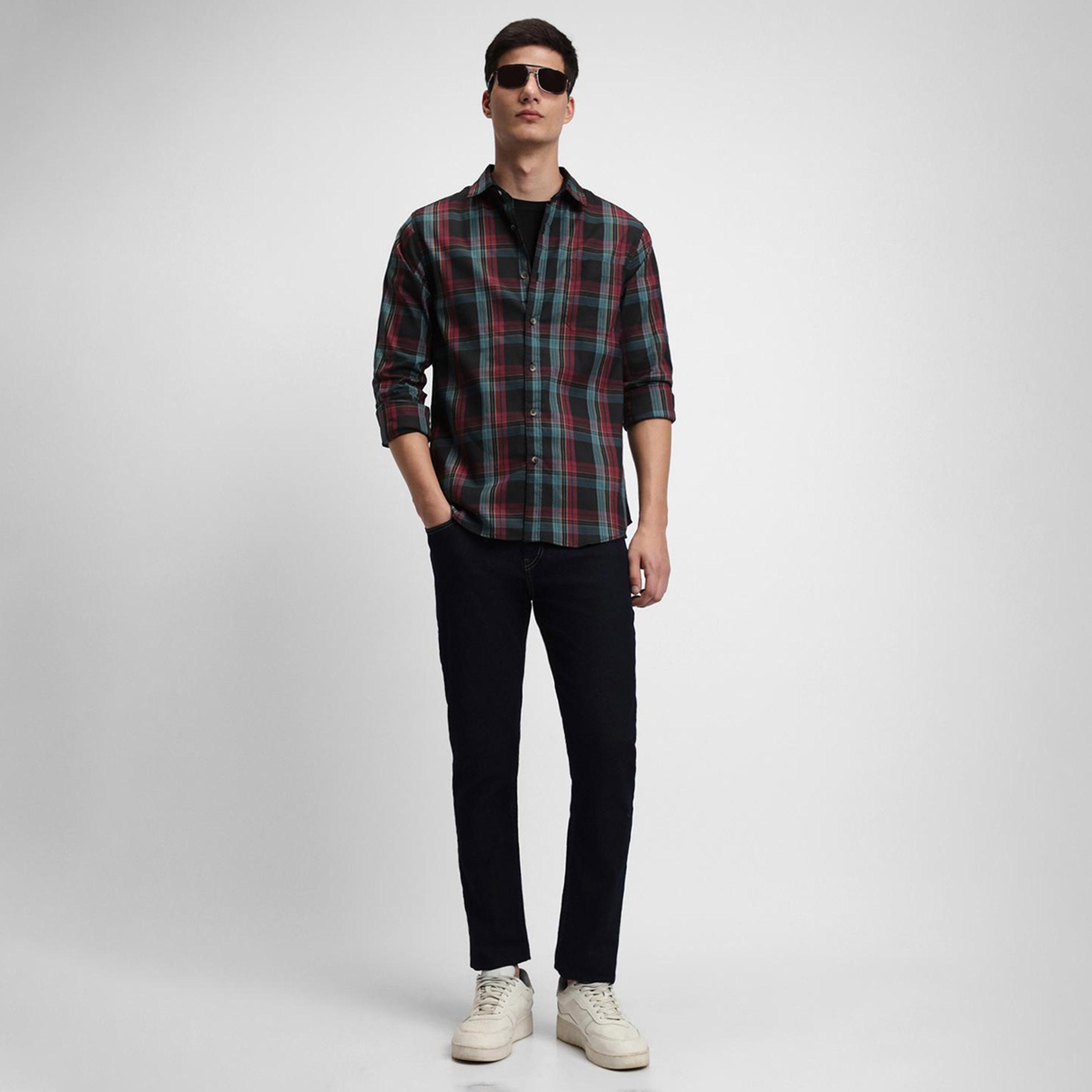دينيس لينغو× ستايلي-  قميص أسود كاجوال من القطن الخالص قصة ضيقة قماش ترتان-men-clothing-shirts-image-1