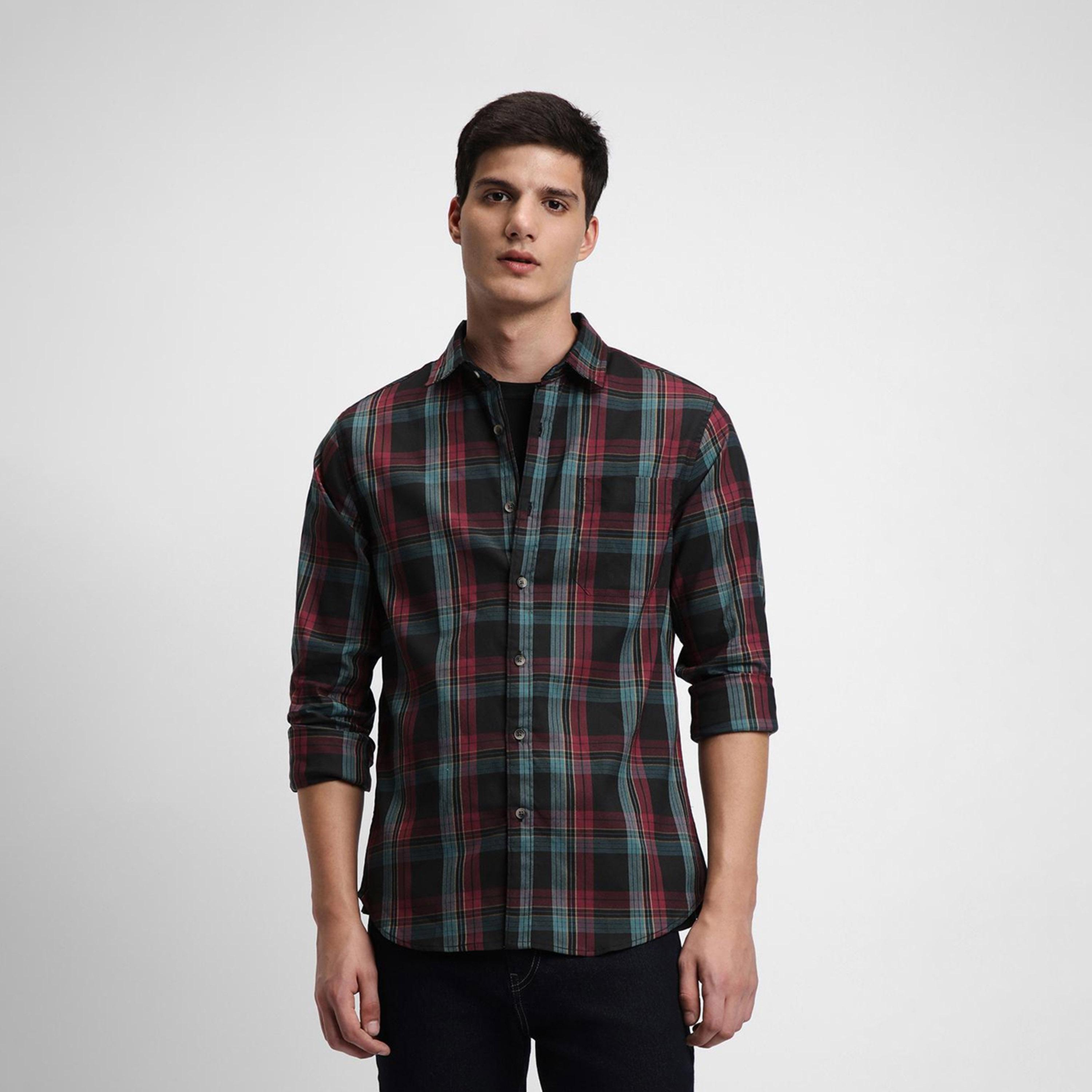 دينيس لينغو× ستايلي-  قميص أسود كاجوال من القطن الخالص قصة ضيقة قماش ترتان-men-clothing-shirts-image-2