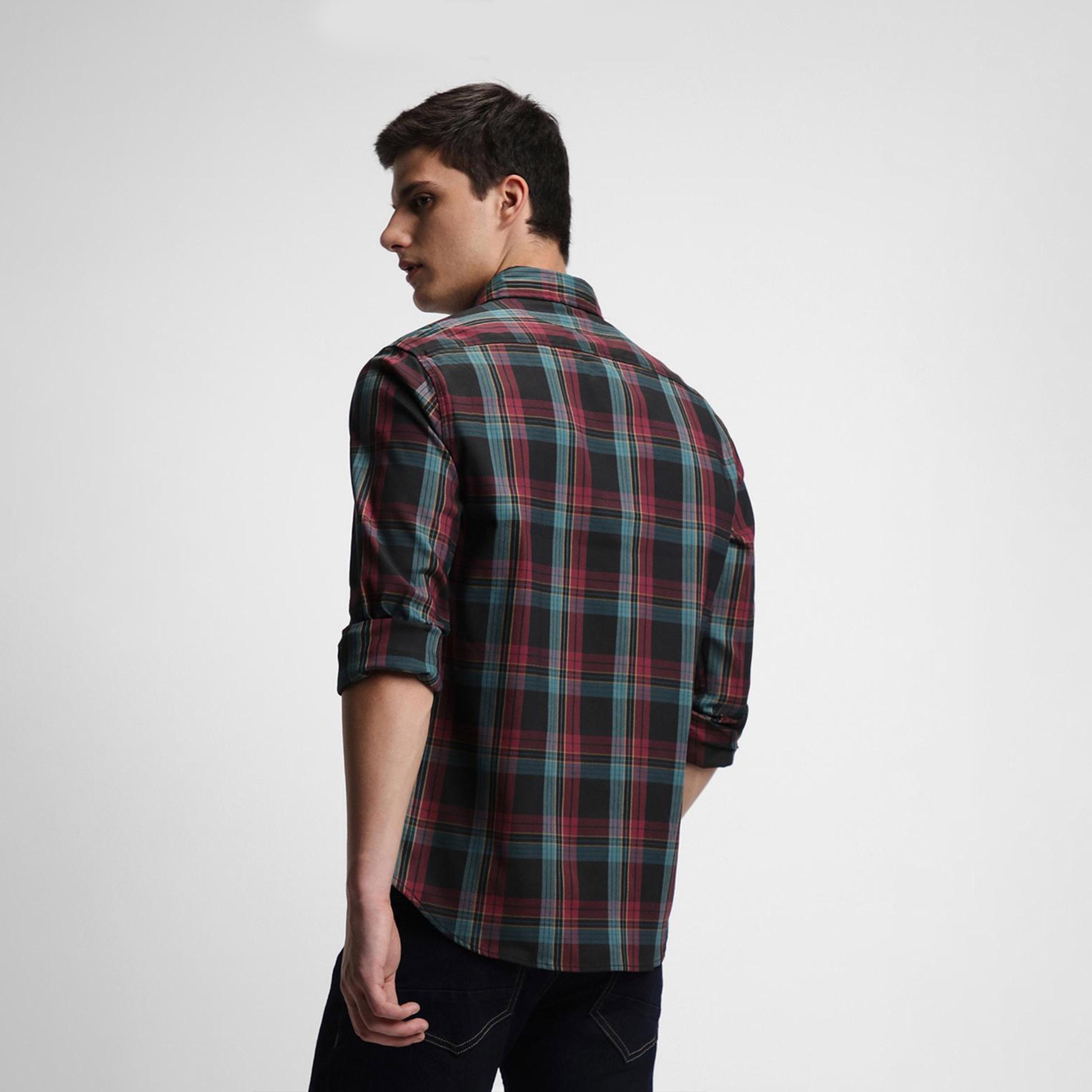 دينيس لينغو× ستايلي-  قميص أسود كاجوال من القطن الخالص قصة ضيقة قماش ترتان-men-clothing-shirts-image-4