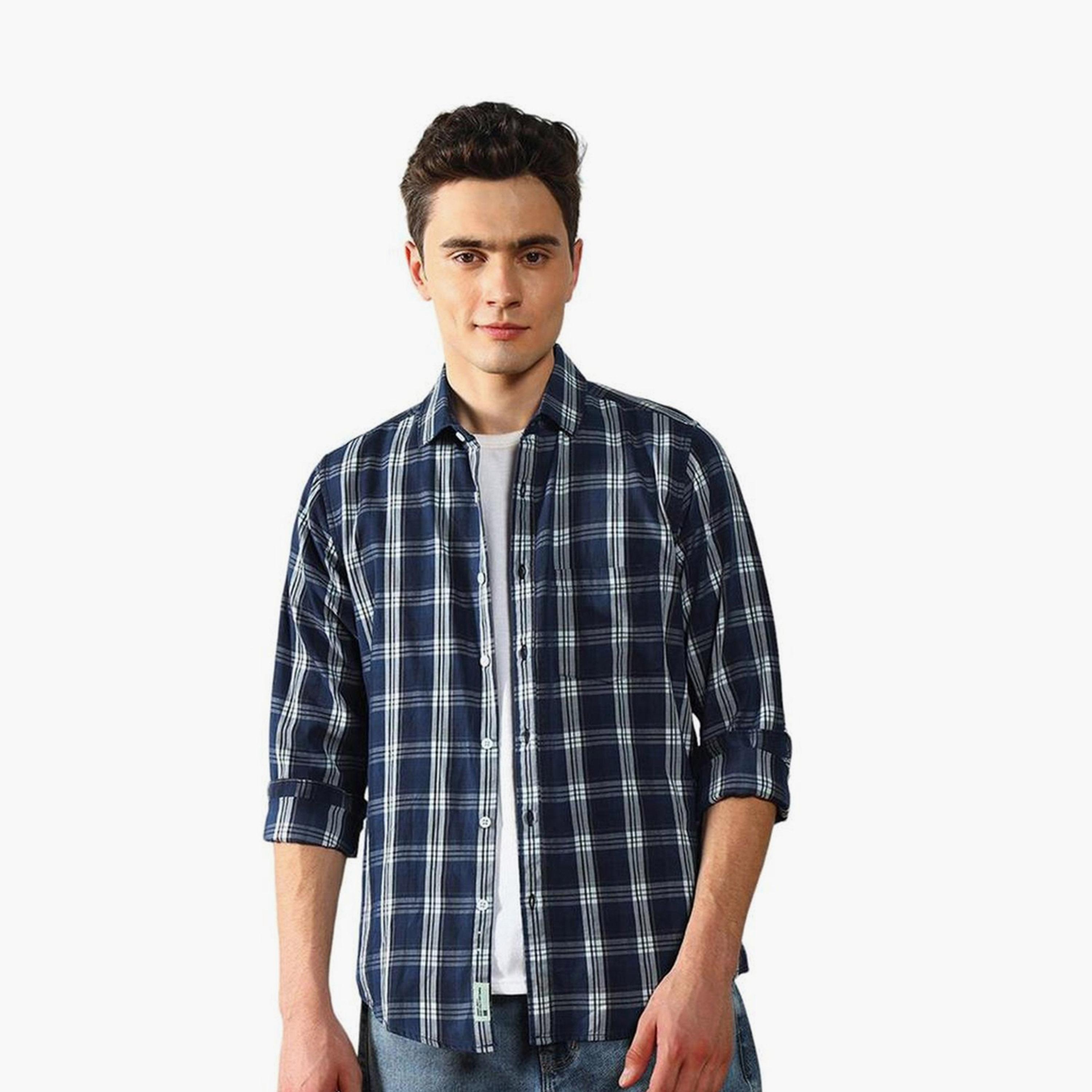 دينيس لينغو× ستايلي-  قميص كاجوال قماش ترتان الأزرق-men-clothing-shirts-image-1